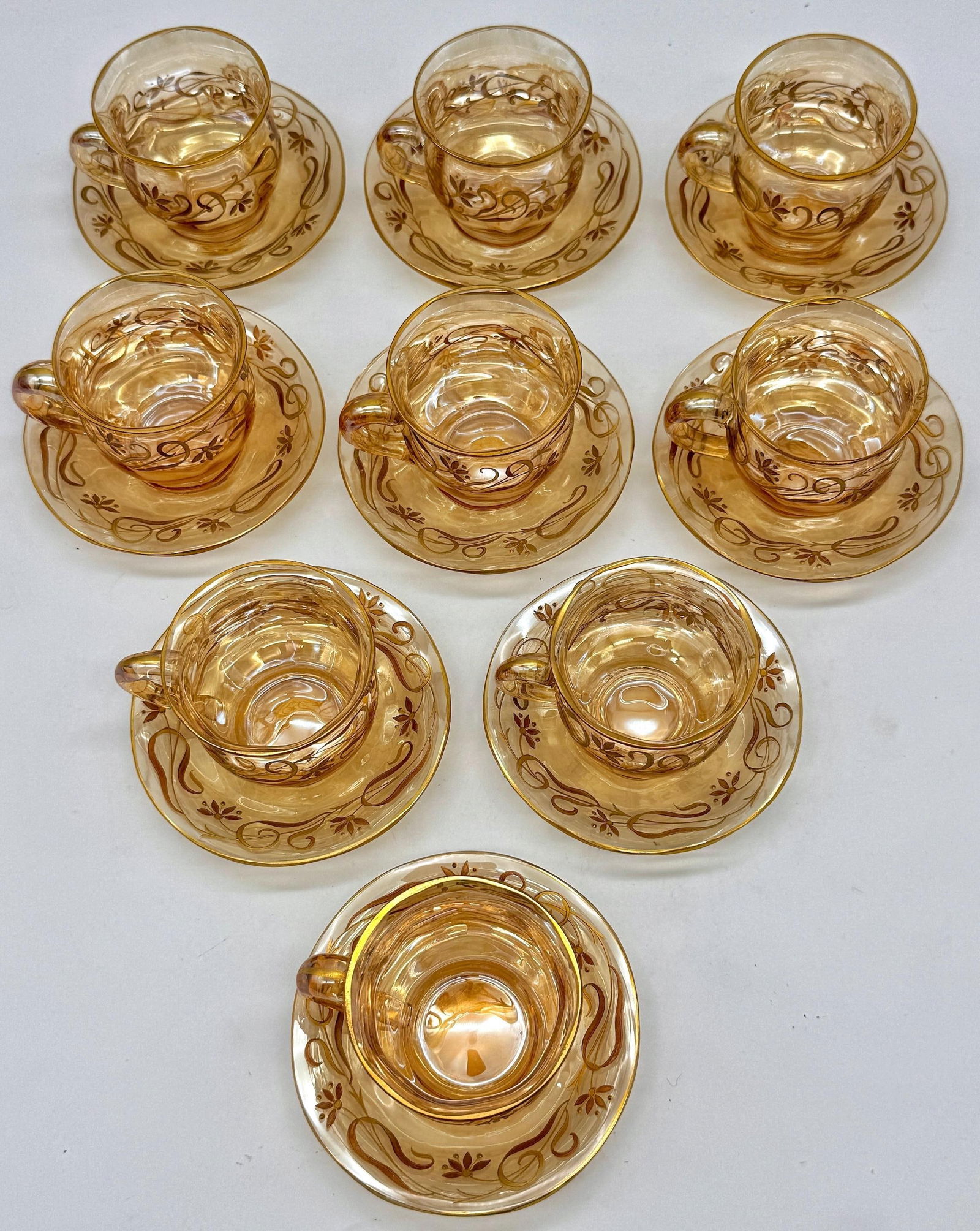 9 Art Nouveau Citrine Gilt Enamel Crystal Demitasse Cups & Saucers, Atrib. Moser - 12