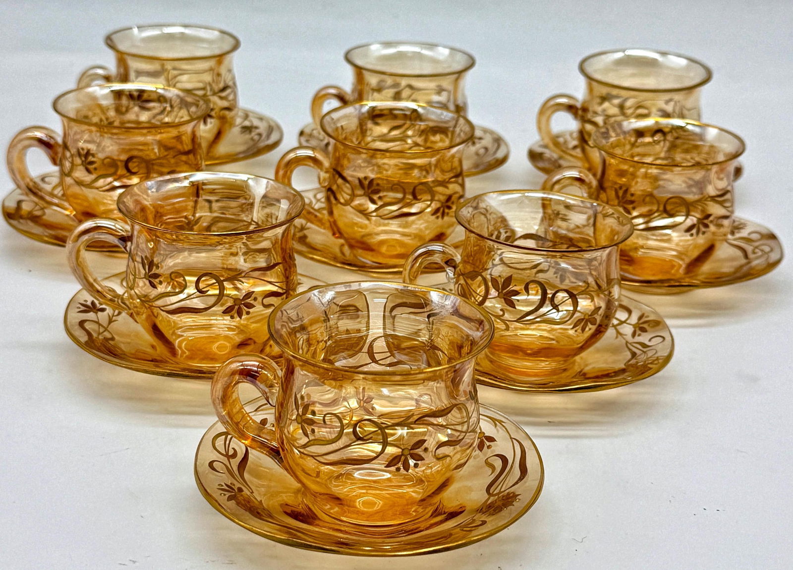 9 Art Nouveau Citrine Gilt Enamel Crystal Demitasse Cups & Saucers, Atrib. Moser - 13
