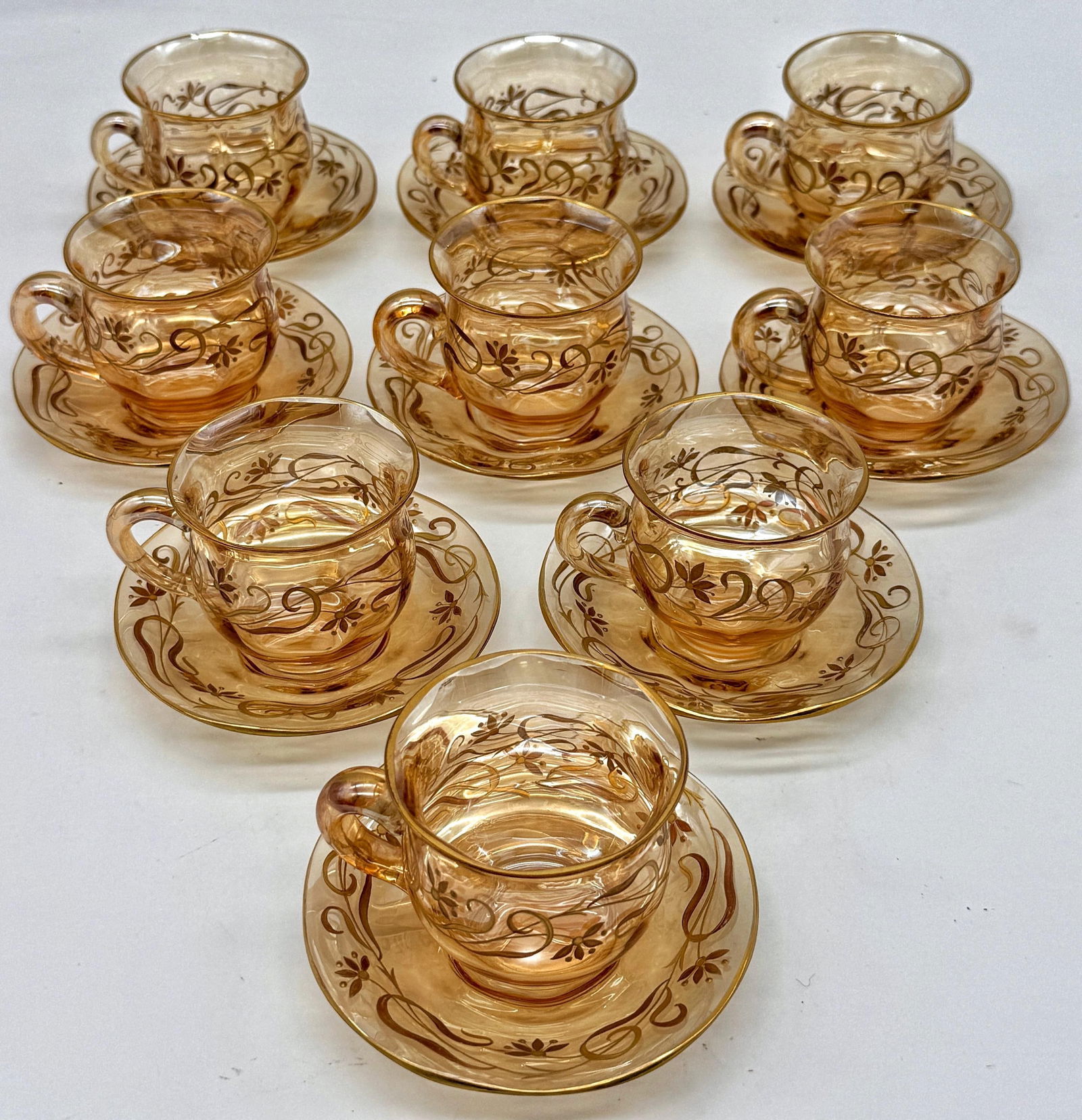 9 Art Nouveau Citrine Gilt Enamel Crystal Demitasse Cups & Saucers, Atrib. Moser - 14
