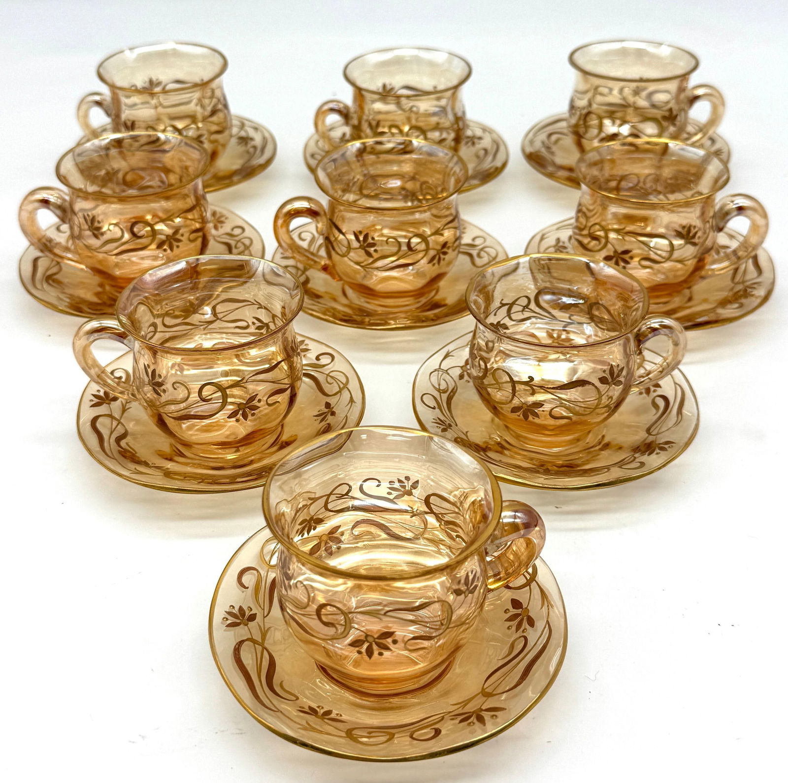 9 Art Nouveau Citrine Gilt Enamel Crystal Demitasse Cups & Saucers, Atrib. Moser - 15