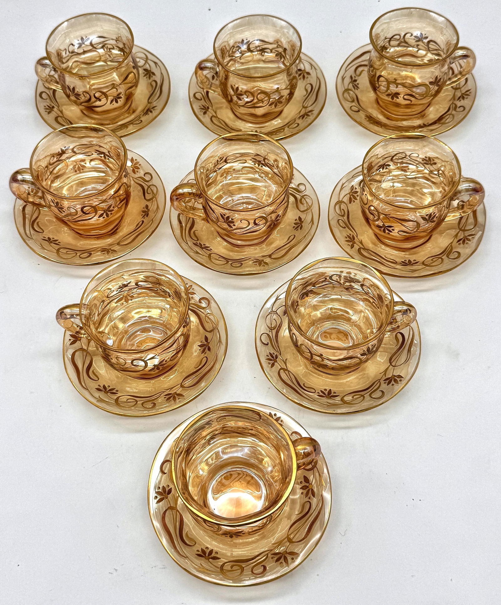 9 Art Nouveau Citrine Gilt Enamel Crystal Demitasse Cups & Saucers, Atrib. Moser - 17