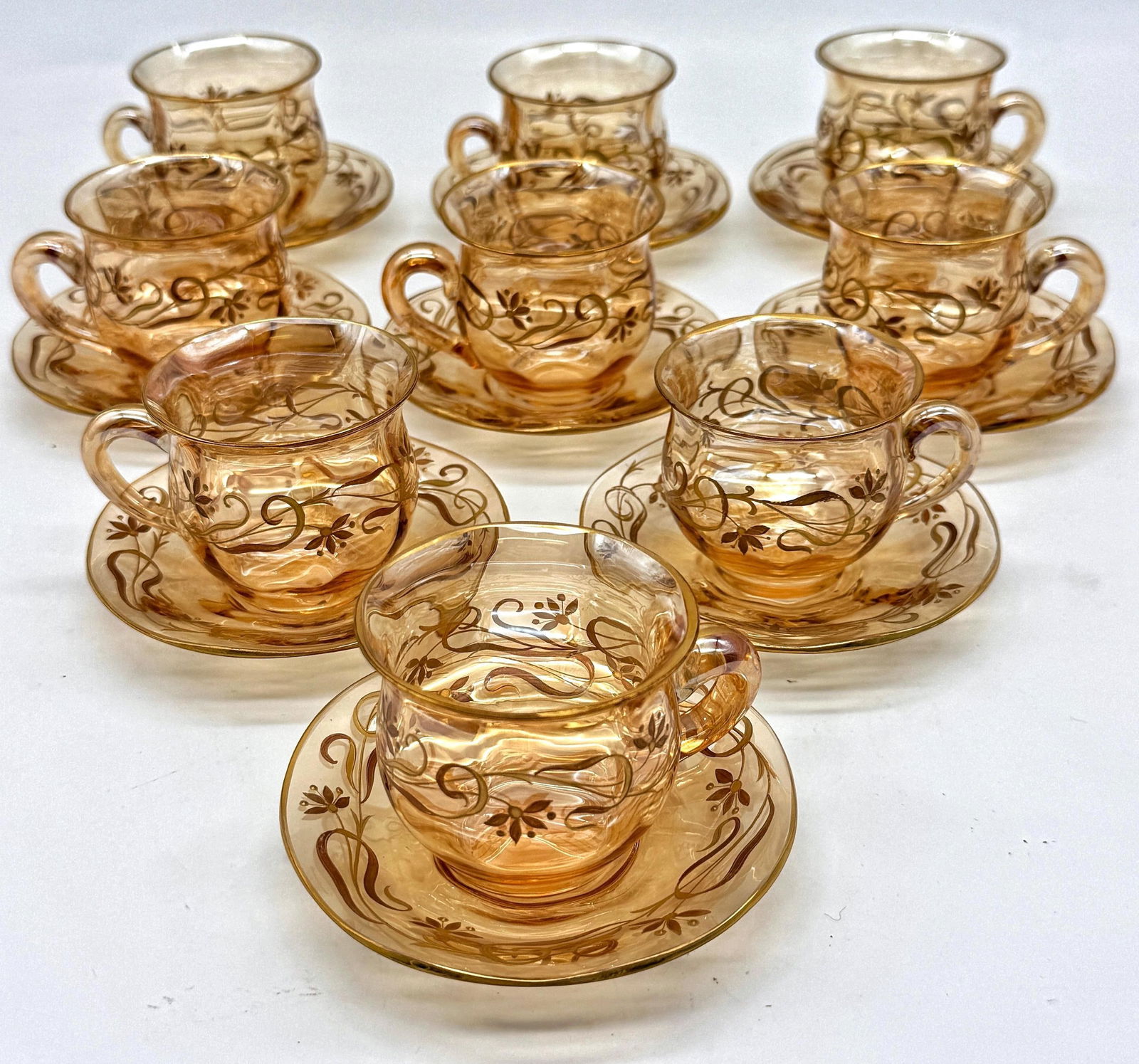 9 Art Nouveau Citrine Gilt Enamel Crystal Demitasse Cups & Saucers, Atrib. Moser - 18