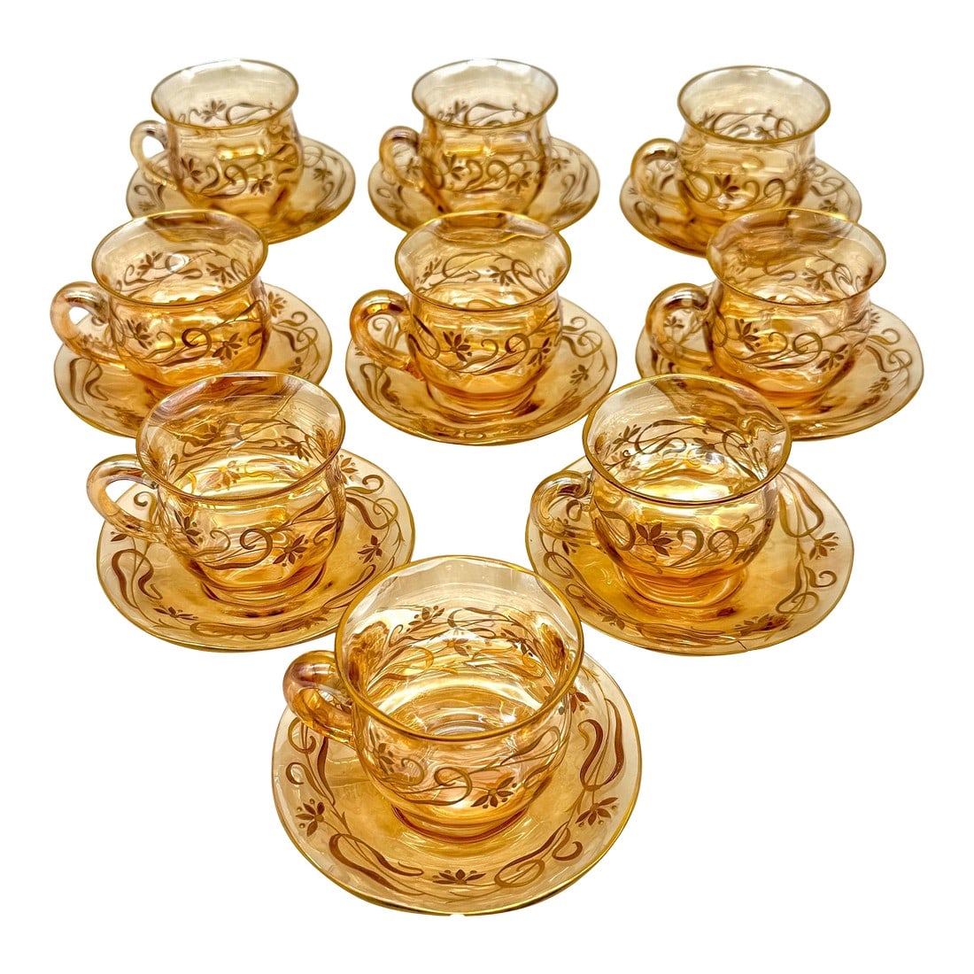 9 Art Nouveau Citrine Gilt Enamel Crystal Demitasse Cups & Saucers, Atrib. Moser: Set of 9 Art Nouveau Citrine Glass Demitasse Cups and Saucers with Gilt Enamel, circa 1900 (18 Pieces Consisting of 9 Cups and 9 Saucers) A refined set of nine Art Nouveau demitasse cups with