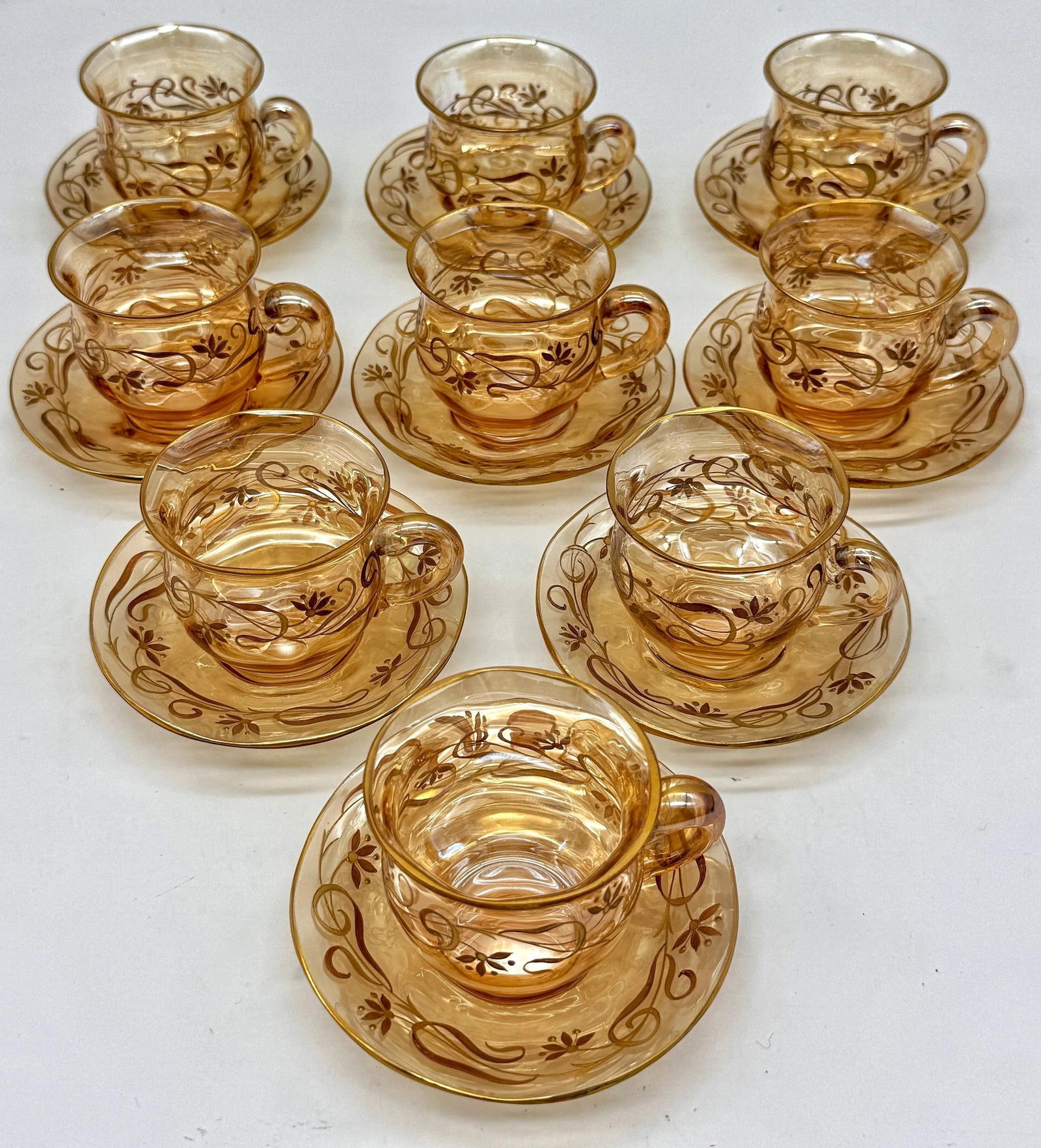 9 Art Nouveau Citrine Gilt Enamel Crystal Demitasse Cups & Saucers, Atrib. Moser - 3