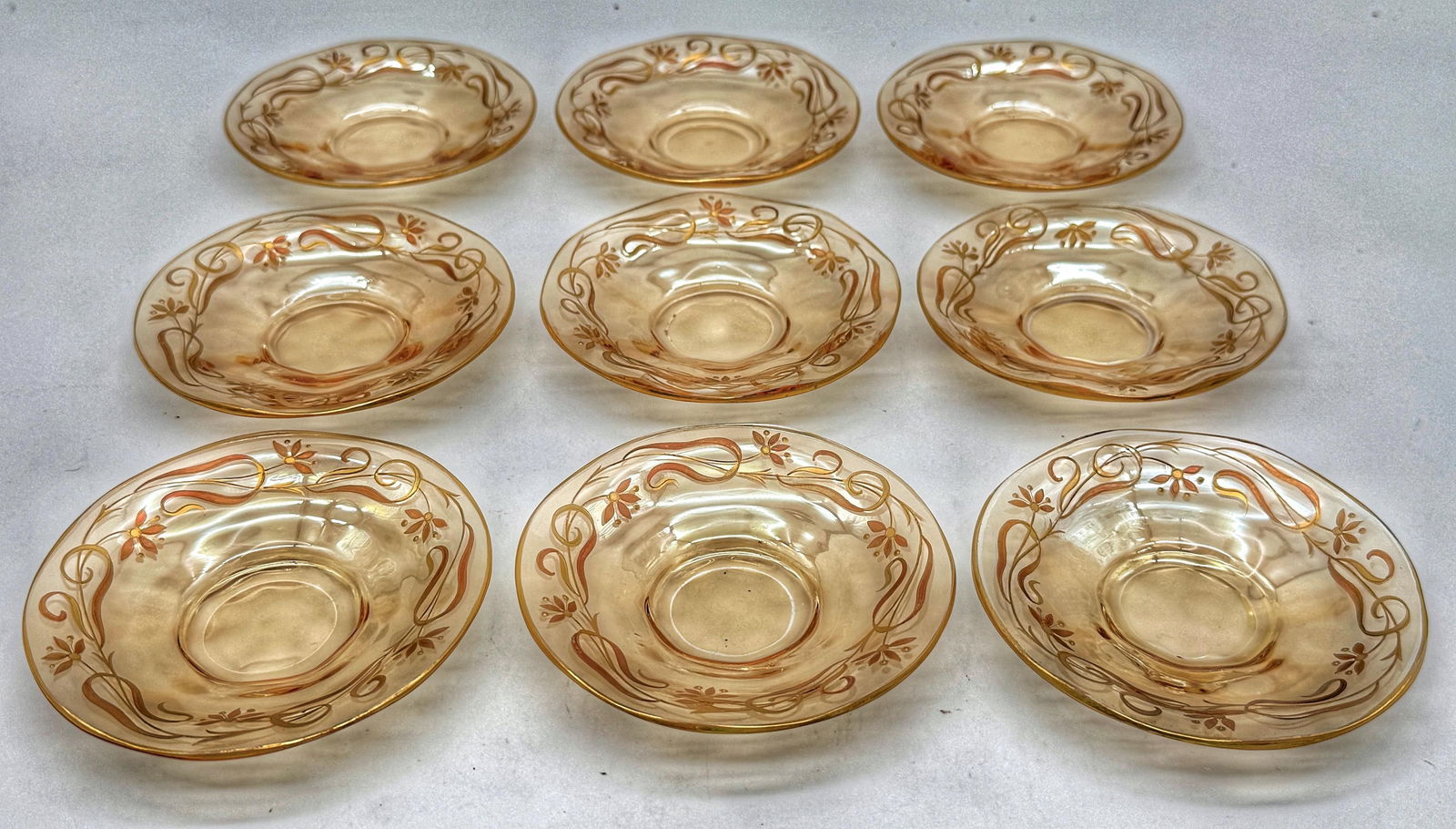 9 Art Nouveau Citrine Gilt Enamel Crystal Demitasse Cups & Saucers, Atrib. Moser - 4