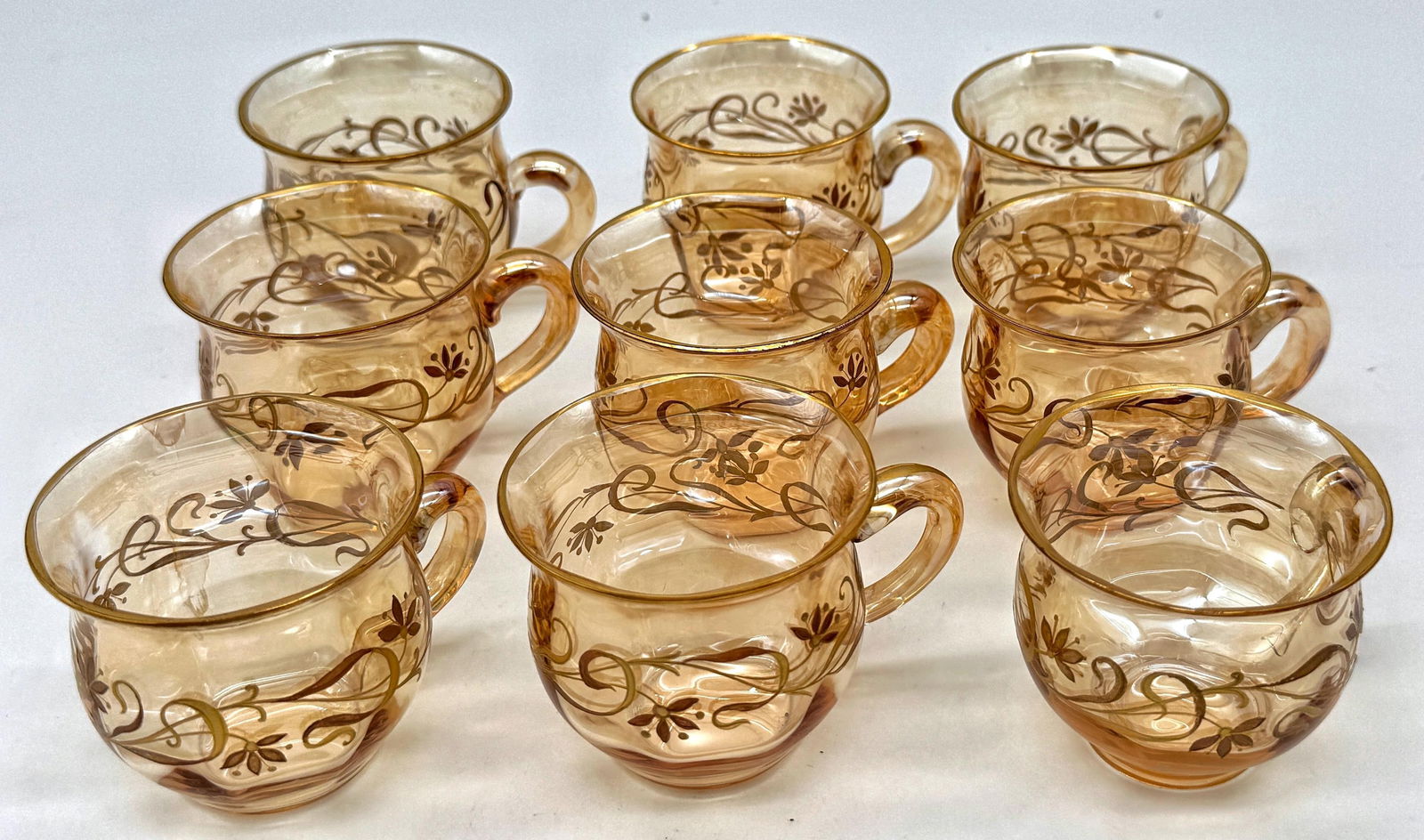 9 Art Nouveau Citrine Gilt Enamel Crystal Demitasse Cups & Saucers, Atrib. Moser - 5