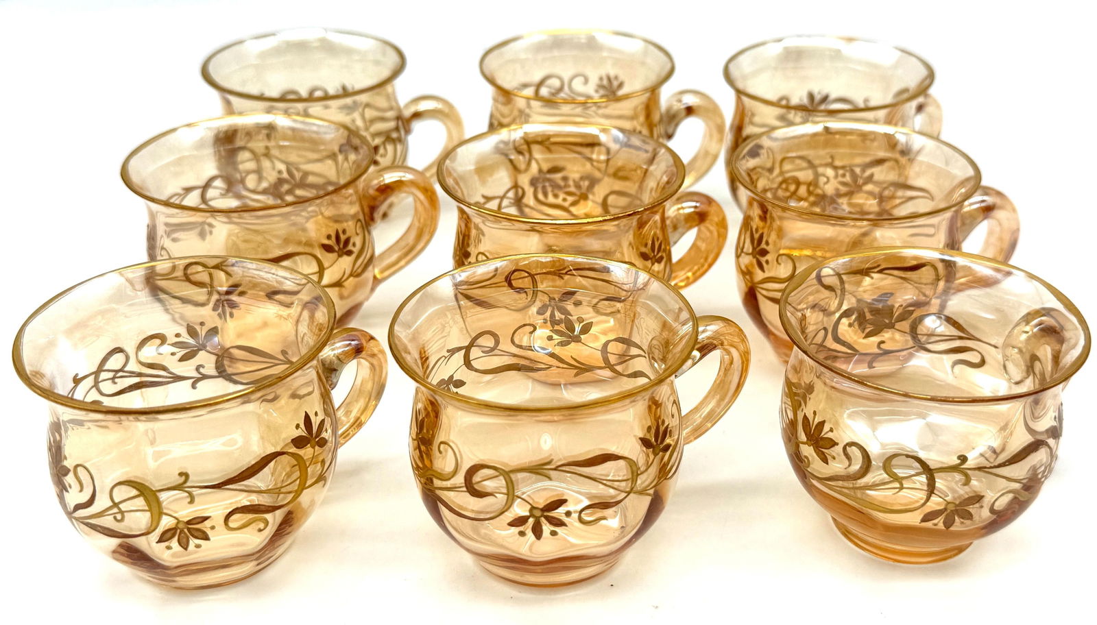 9 Art Nouveau Citrine Gilt Enamel Crystal Demitasse Cups & Saucers, Atrib. Moser - 6
