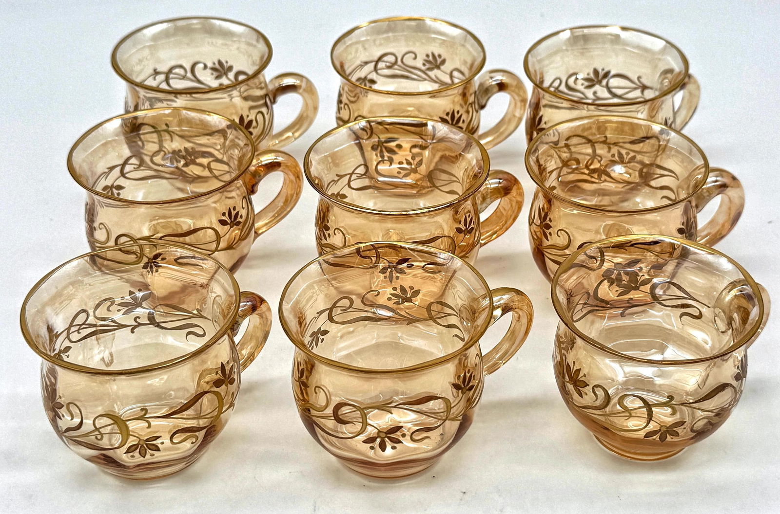 9 Art Nouveau Citrine Gilt Enamel Crystal Demitasse Cups & Saucers, Atrib. Moser - 7