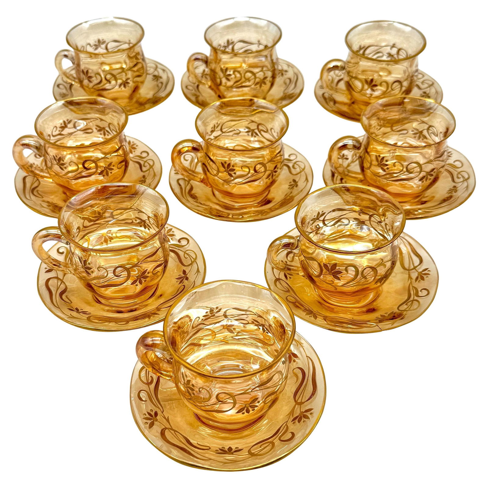 9 Art Nouveau Citrine Gilt Enamel Crystal Demitasse Cups & Saucers, Atrib. Moser - 8