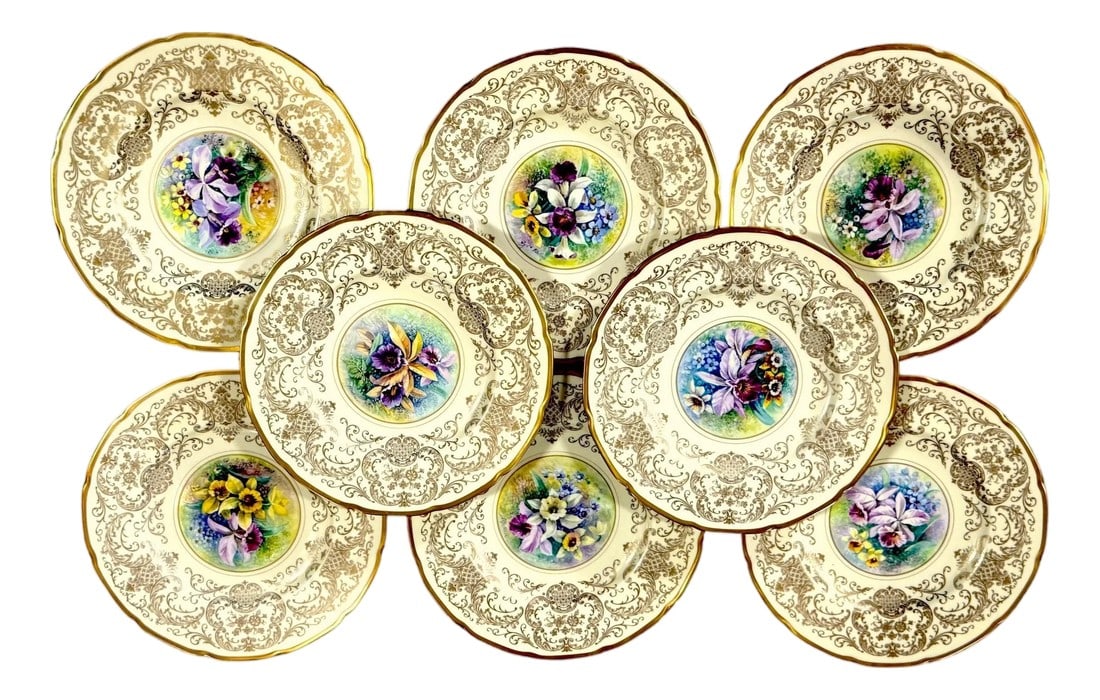 8 Orchid Conservatory Service Plates Painted and Signed E. Challinor for Pickard: 8 Orchid Conservatory Service Plates Painted and Signed E. Challinor for Pickard Set of eight hand-painted orchid service plates, each painted and signed by Pickard studio artist E. Challinor, ca.