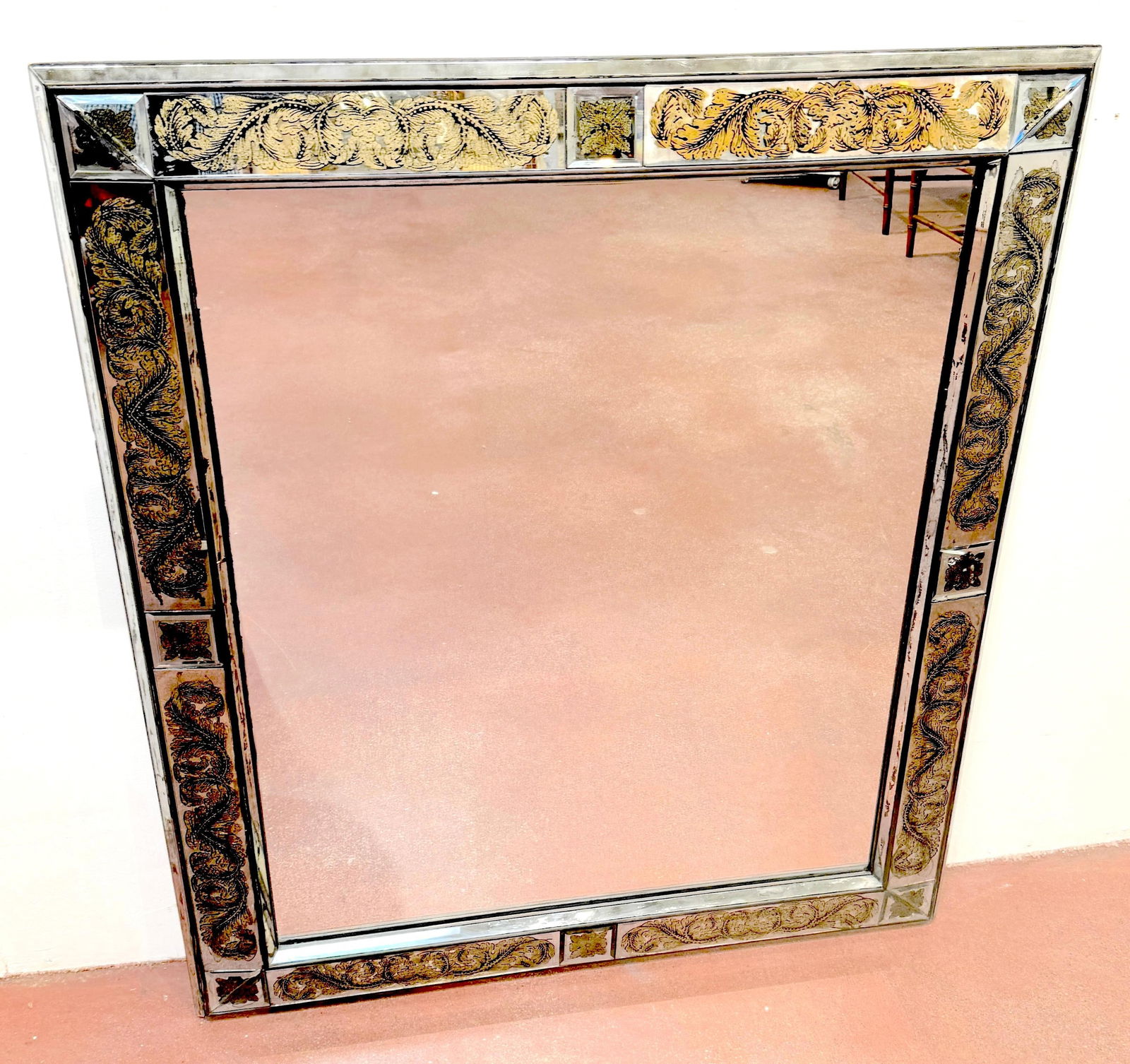 Maison Jansen (Atrib.) Eglomise Gilt Neoclassical Floral Trellis Jeweled Mirror - 12