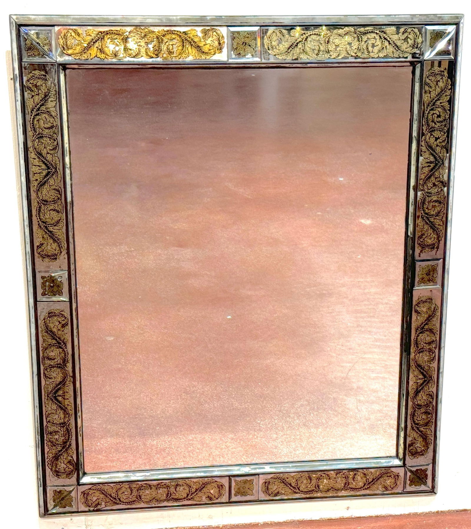 Maison Jansen (Atrib.) Eglomise Gilt Neoclassical Floral Trellis Jeweled Mirror - 2