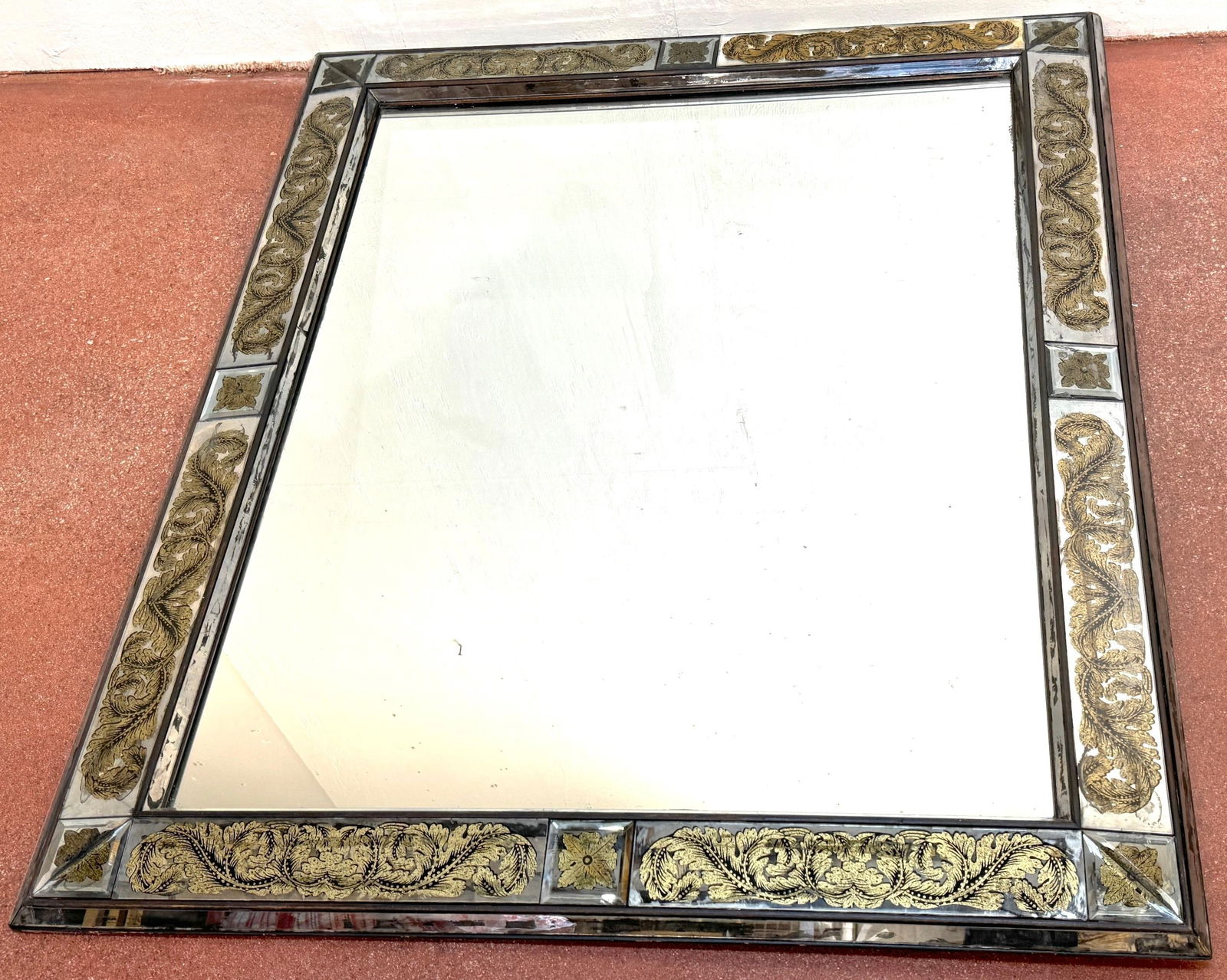 Maison Jansen (Atrib.) Eglomise Gilt Neoclassical Floral Trellis Jeweled Mirror - 3