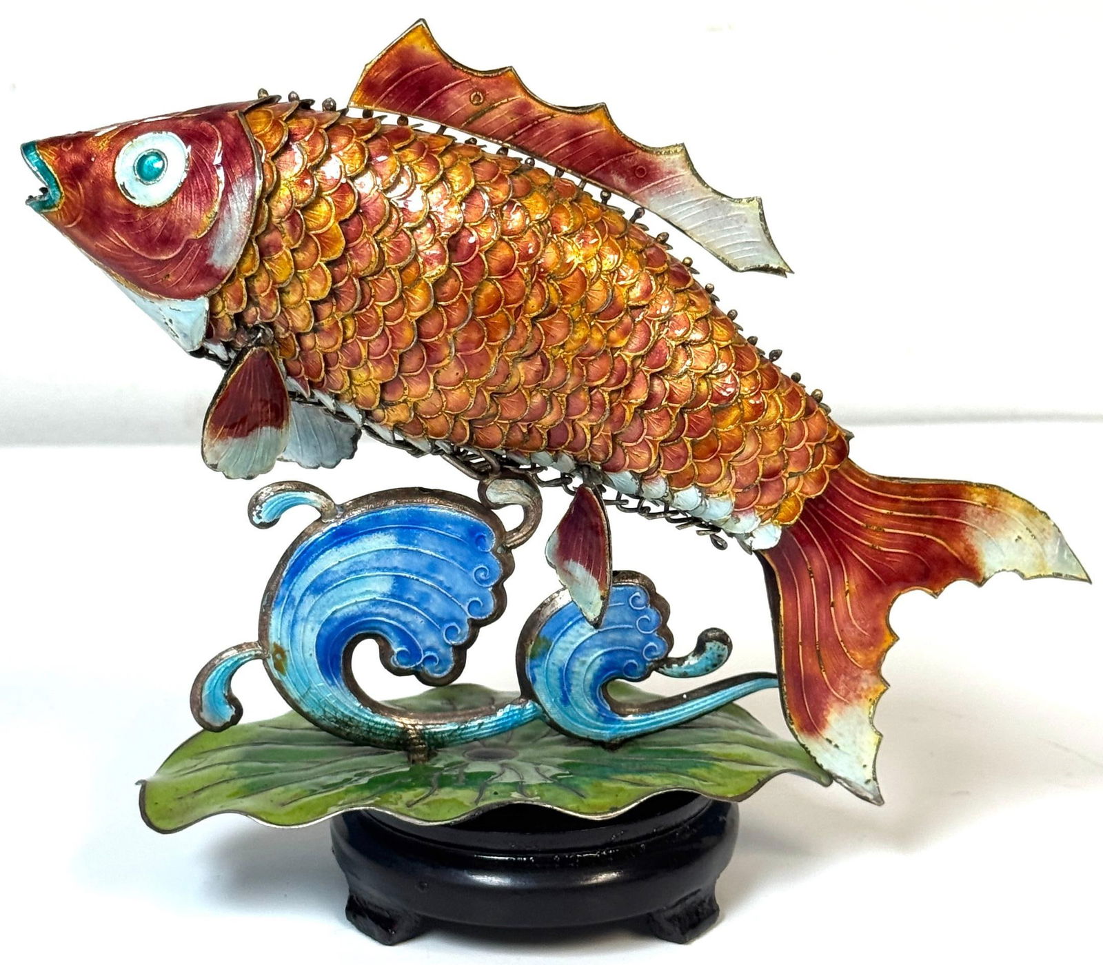 Chinese Export Silver & Enameled Articulated Carp Lotus and Wave Stand, C. 1900 - 10