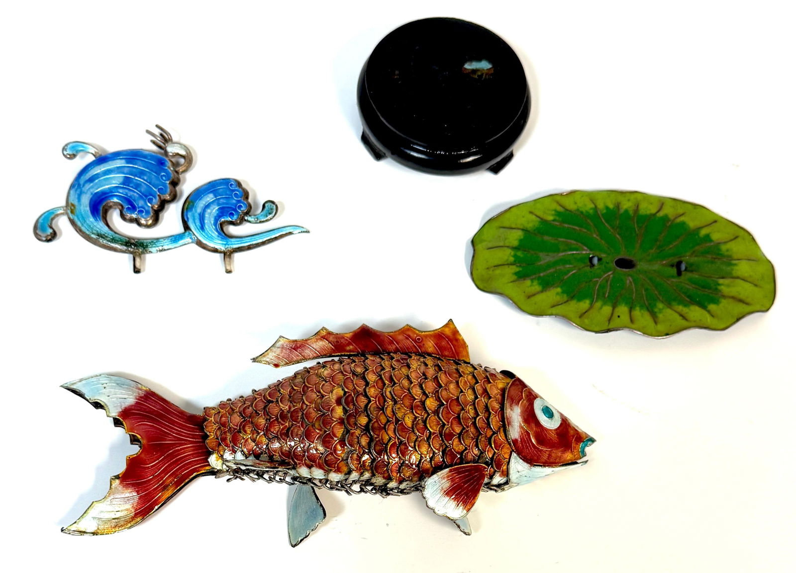 Chinese Export Silver & Enameled Articulated Carp Lotus and Wave Stand, C. 1900 - 11