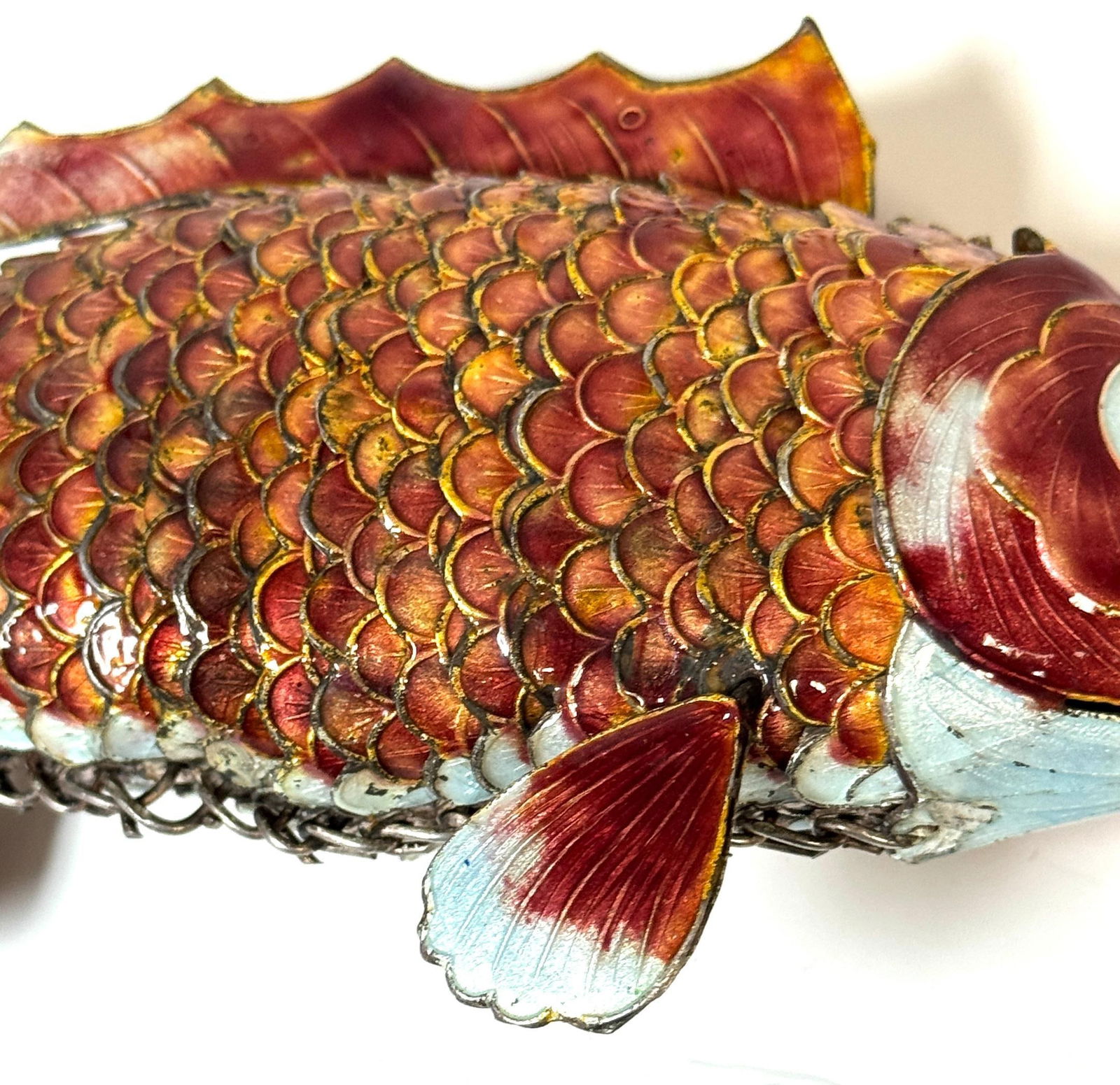 Chinese Export Silver & Enameled Articulated Carp Lotus and Wave Stand, C. 1900 - 15