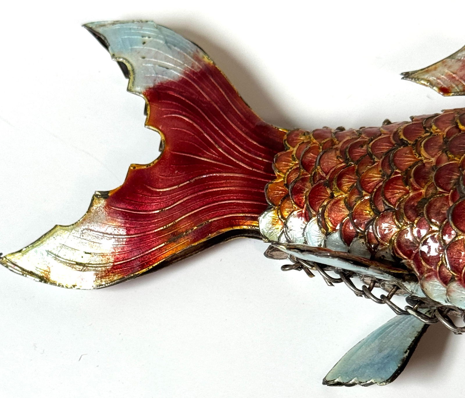 Chinese Export Silver & Enameled Articulated Carp Lotus and Wave Stand, C. 1900 - 16