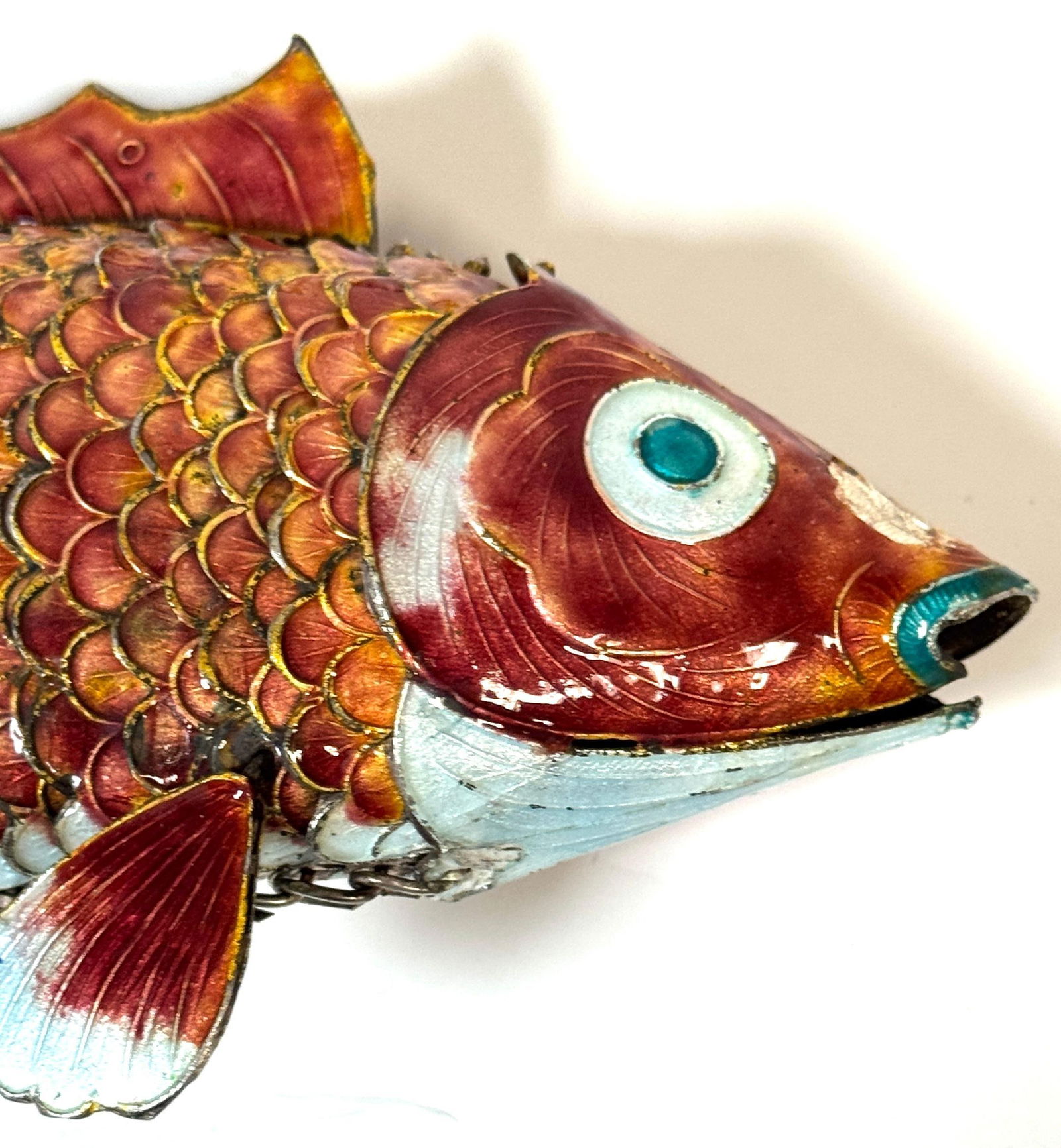 Chinese Export Silver & Enameled Articulated Carp Lotus and Wave Stand, C. 1900 - 17