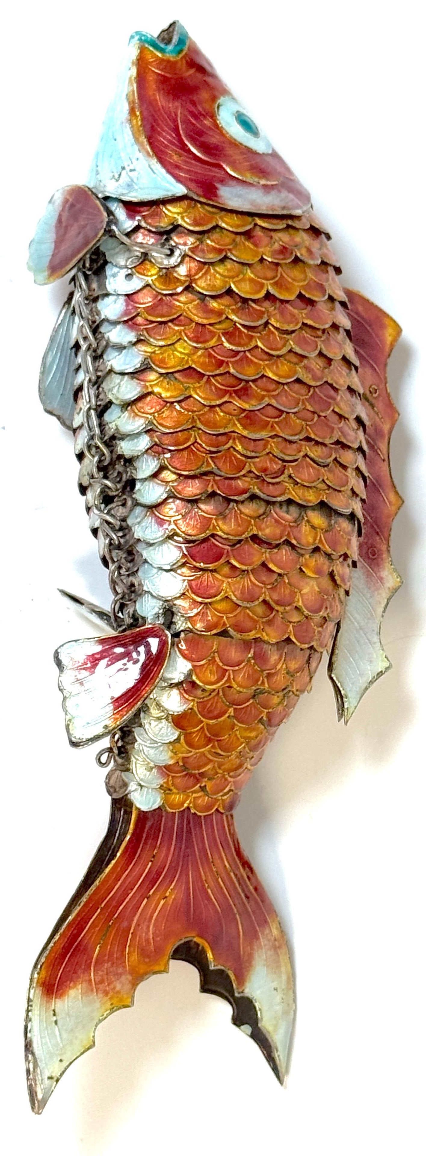 Chinese Export Silver & Enameled Articulated Carp Lotus and Wave Stand, C. 1900 - 18