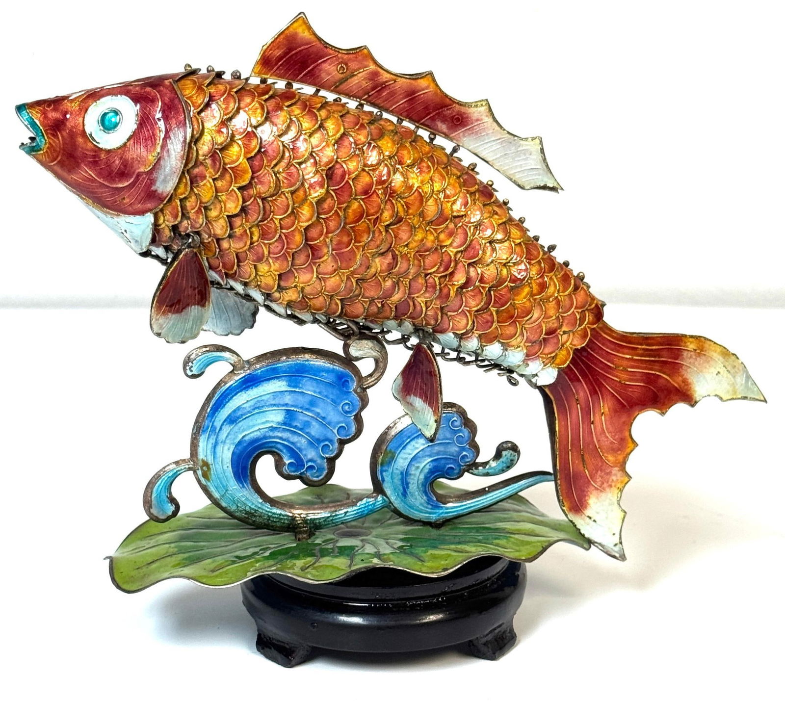 Chinese Export Silver & Enameled Articulated Carp Lotus and Wave Stand, C. 1900 - 2