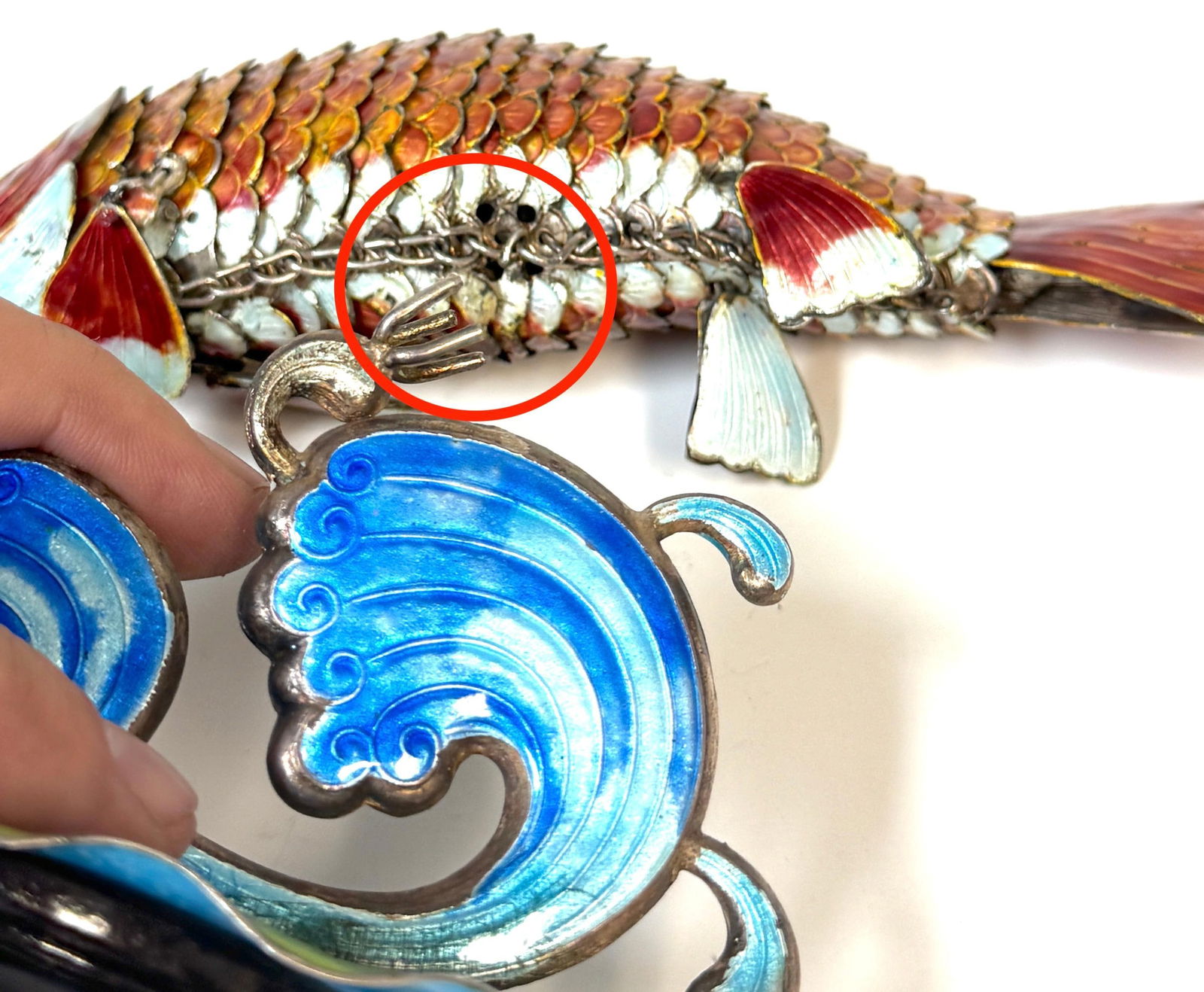 Chinese Export Silver & Enameled Articulated Carp Lotus and Wave Stand, C. 1900 - 4