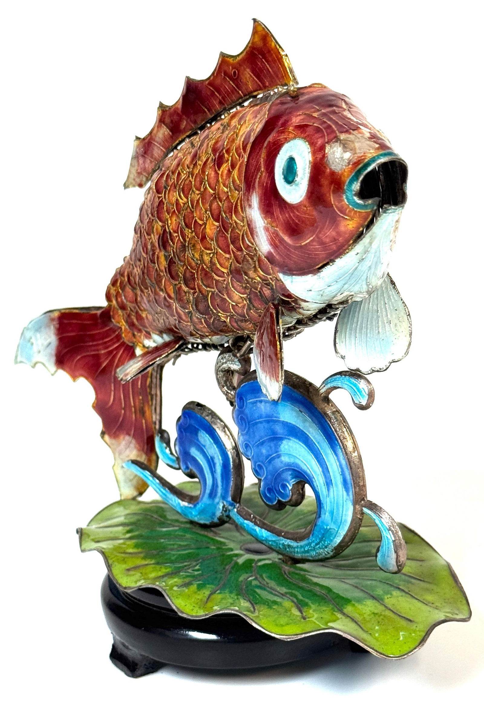 Chinese Export Silver & Enameled Articulated Carp Lotus and Wave Stand, C. 1900 - 5