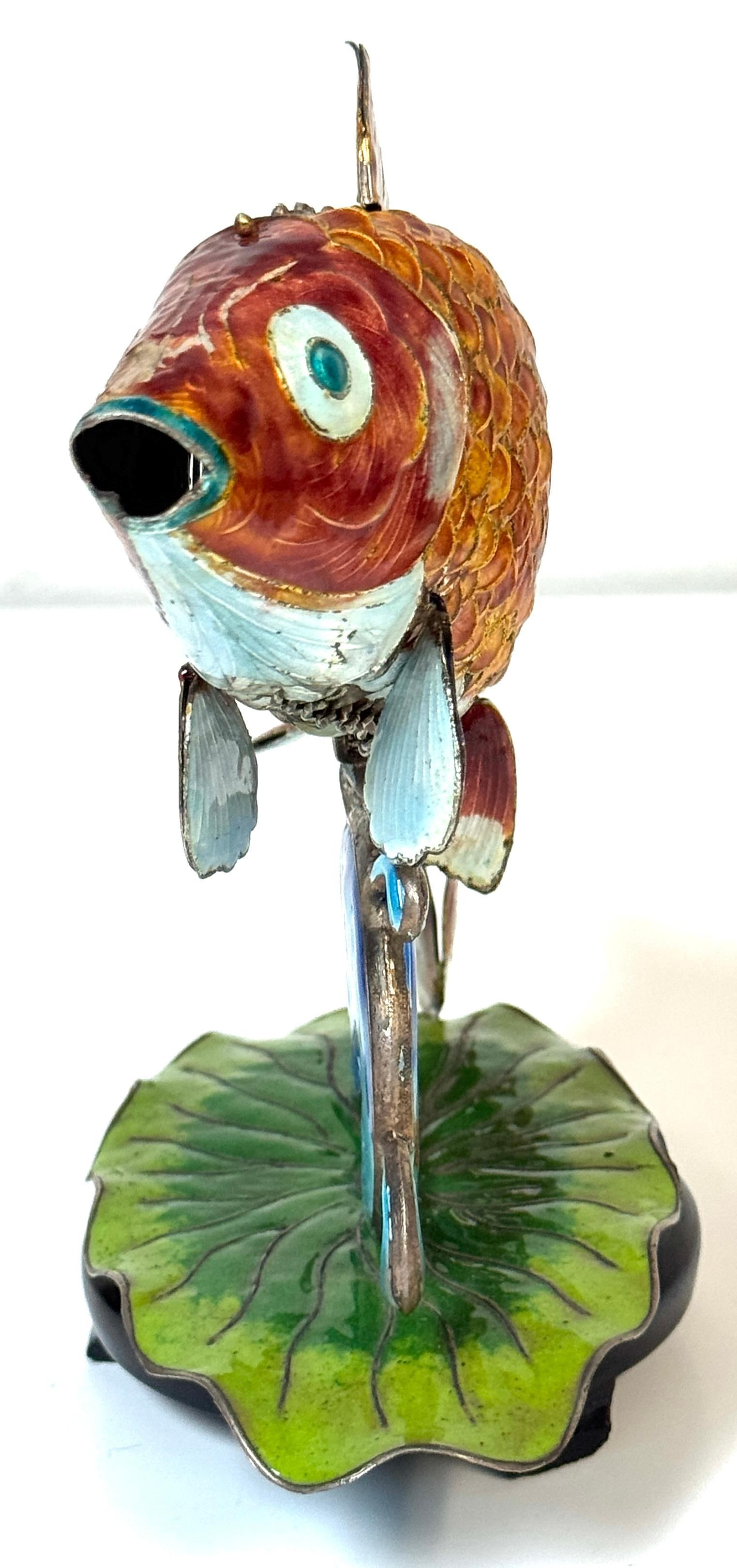 Chinese Export Silver & Enameled Articulated Carp Lotus and Wave Stand, C. 1900 - 6