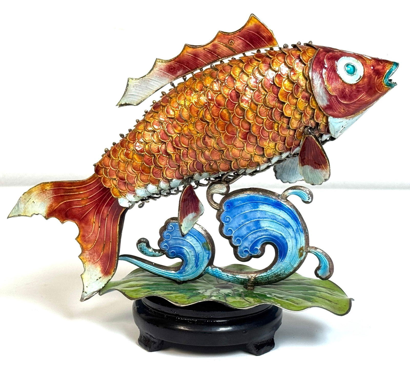 Chinese Export Silver & Enameled Articulated Carp Lotus and Wave Stand, C. 1900 - 7
