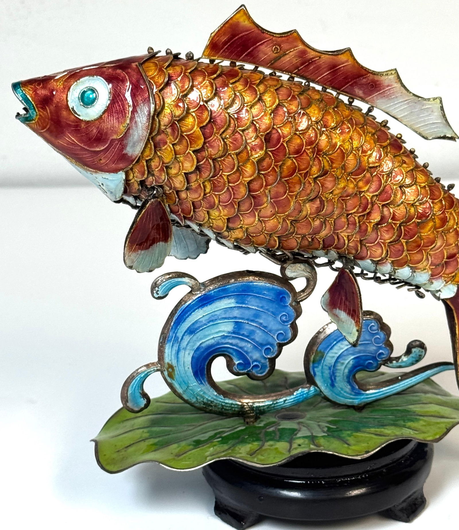 Chinese Export Silver & Enameled Articulated Carp Lotus and Wave Stand, C. 1900 - 8