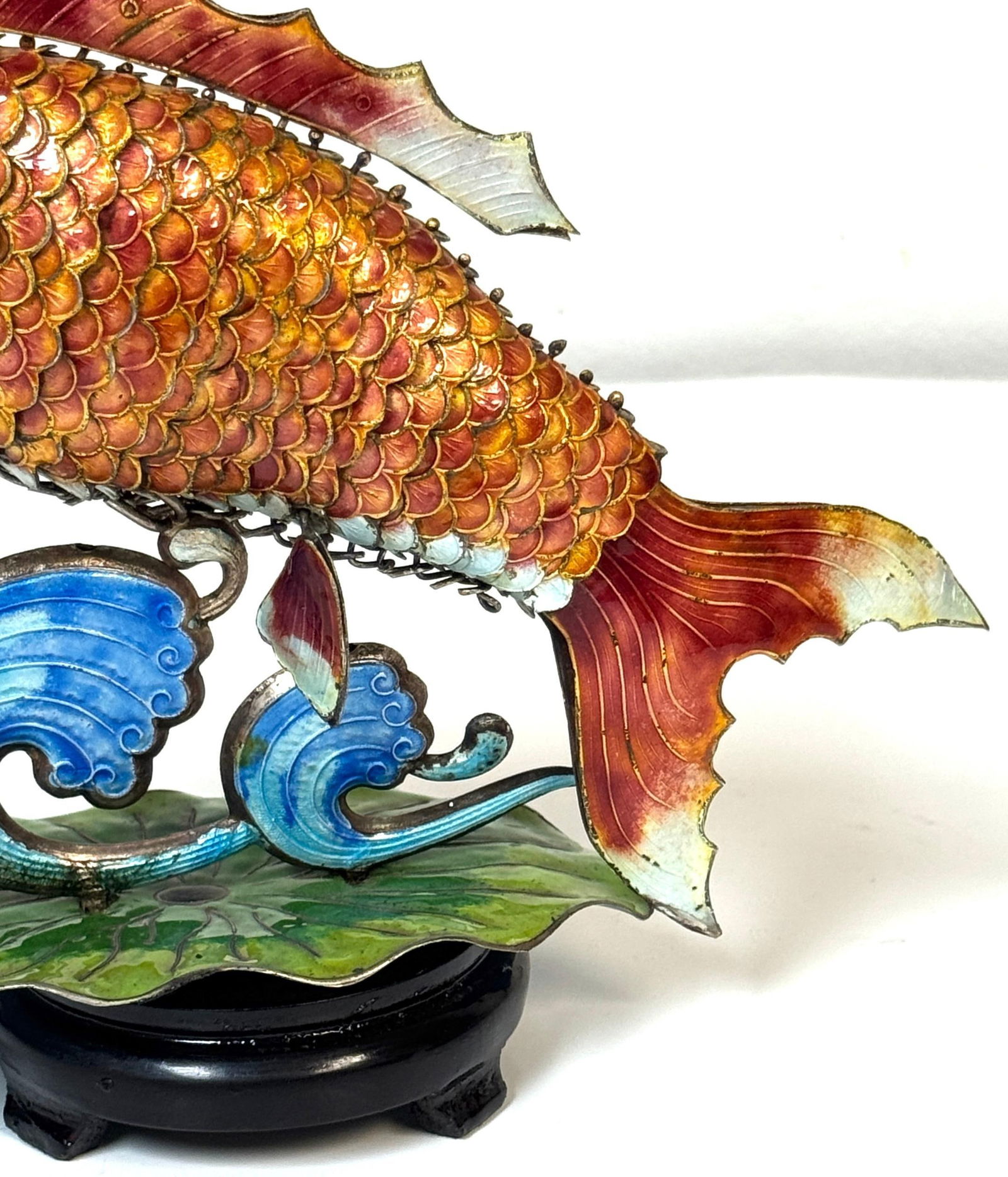 Chinese Export Silver & Enameled Articulated Carp Lotus and Wave Stand, C. 1900 - 9