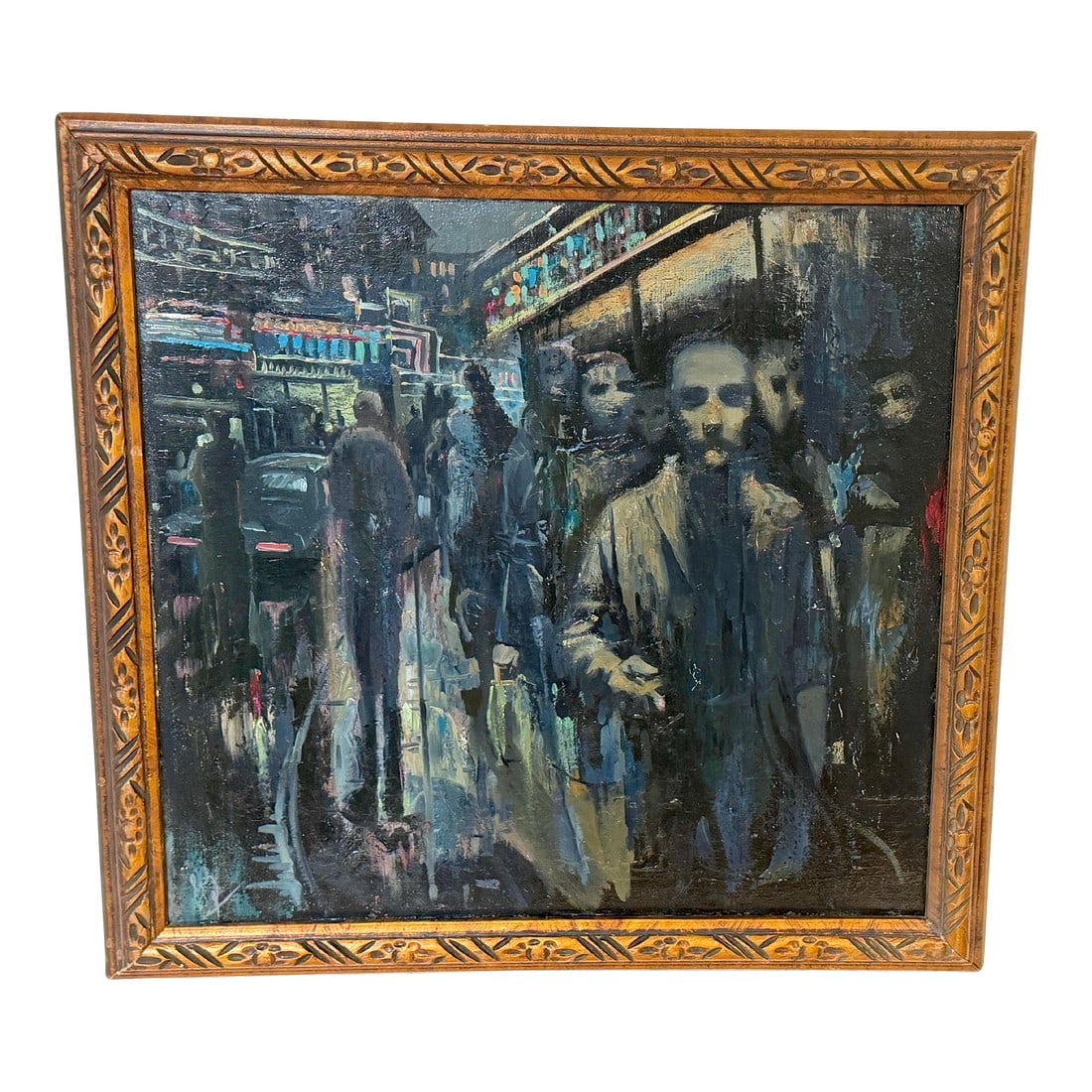 Soviet Leningrad Street Scene by Shalaev, Dated 1989: Soviet Leningrad Street Scene by Shalaev, Dated 1989 This evocative late–Soviet painting depicts a crowded nocturnal street scene in Leningrad at the threshold of political and social