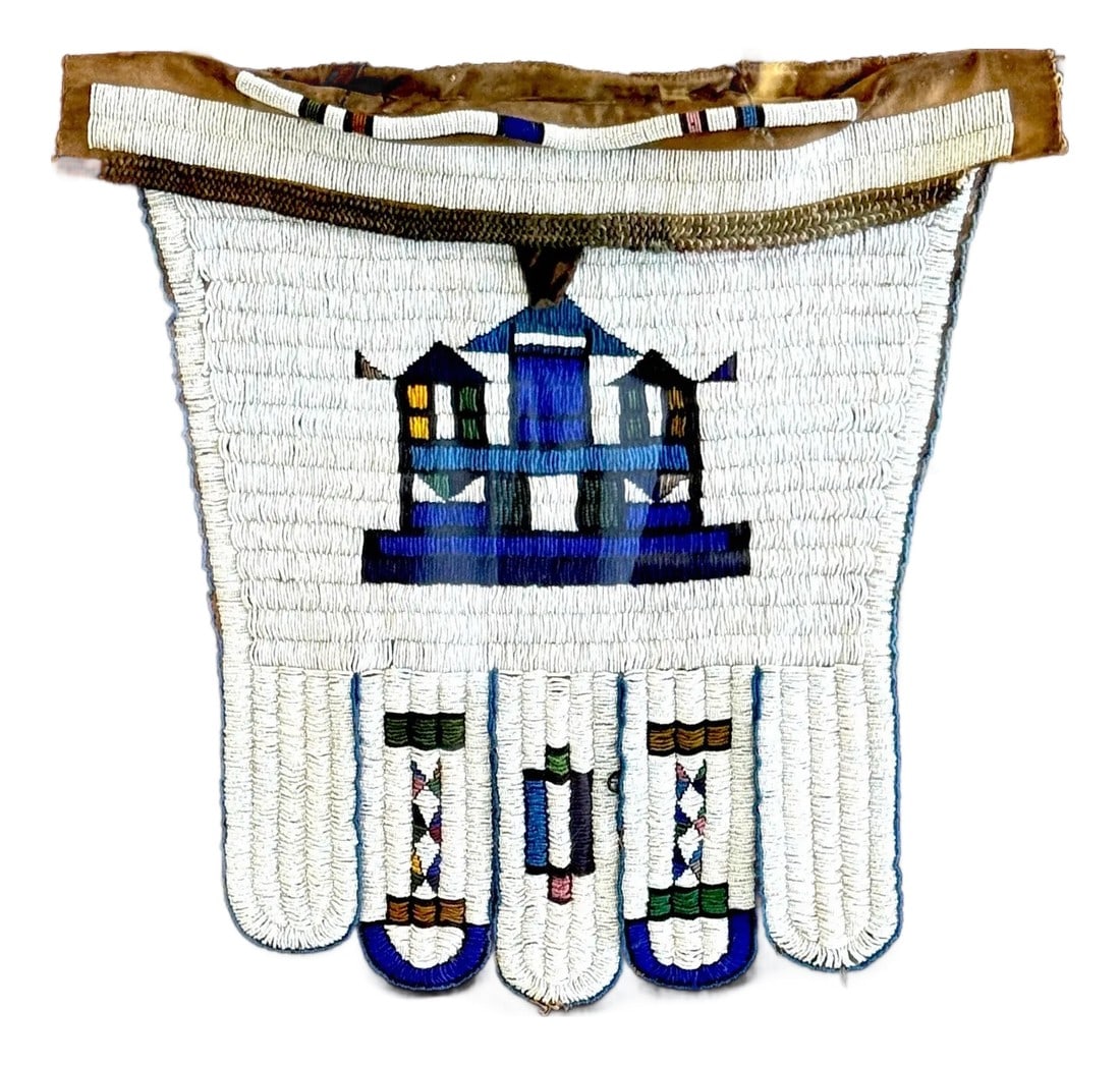 Framed Mid-20th C. Lakota (Sioux) Beaded Saddle Bag Panel, Museum Mounted: Framed Mid-20th C. Lakota (Sioux) Beaded Saddle Bag Panel, Museum Mounted, Attributed to the Lakota, Plains Region, circa 1940s–1960s. A striking example of mid-20th century Plains beadwork,