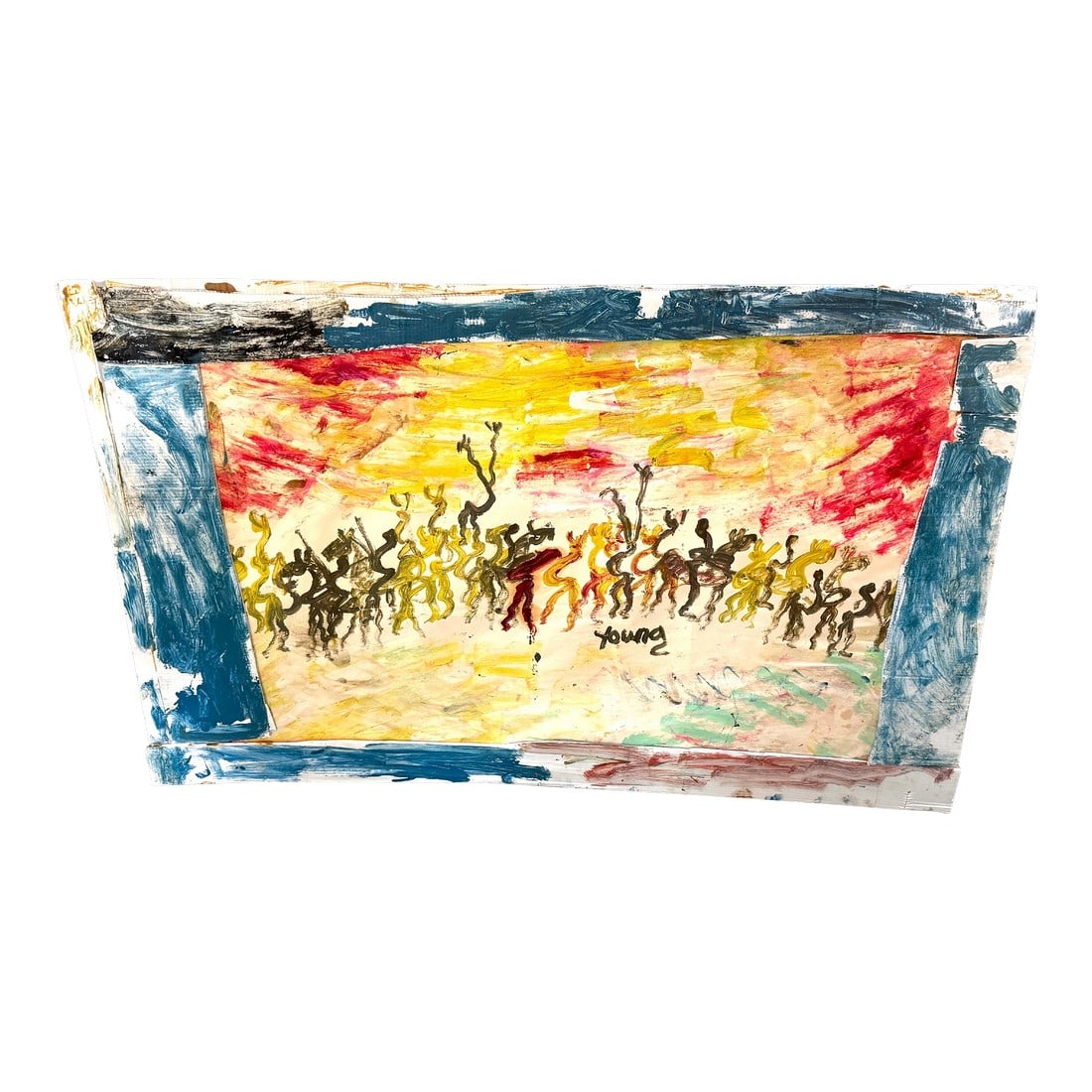 Purvis Young (American, 1943–2010) "Warriors Beneath a Burning Sky": Purvis Young (American, 1943–2010) "Warriors Beneath a Burning Sky" Acrylic and mixed media on found poster board Signed Young lower center Dimensions: 48" W × 30" H Circa 1980s–1990s