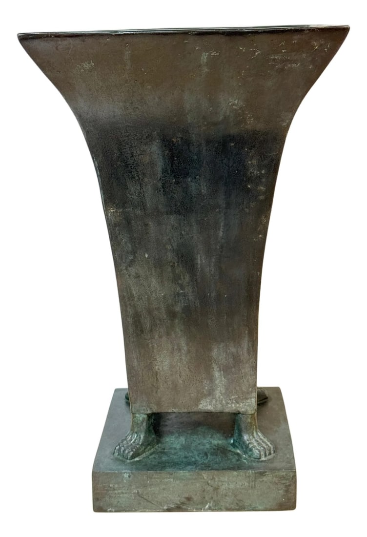 Monumental French Moderne Verdigris Bronze Vase , Manner of Gilbert Poillerat: Monumental French Moderne Bronze Vase with Verdigris Patina, in the Manner of Gilbert Poillerat, 1950s A striking French Moderne cast bronze vase of impressive weight and presence, standing 18