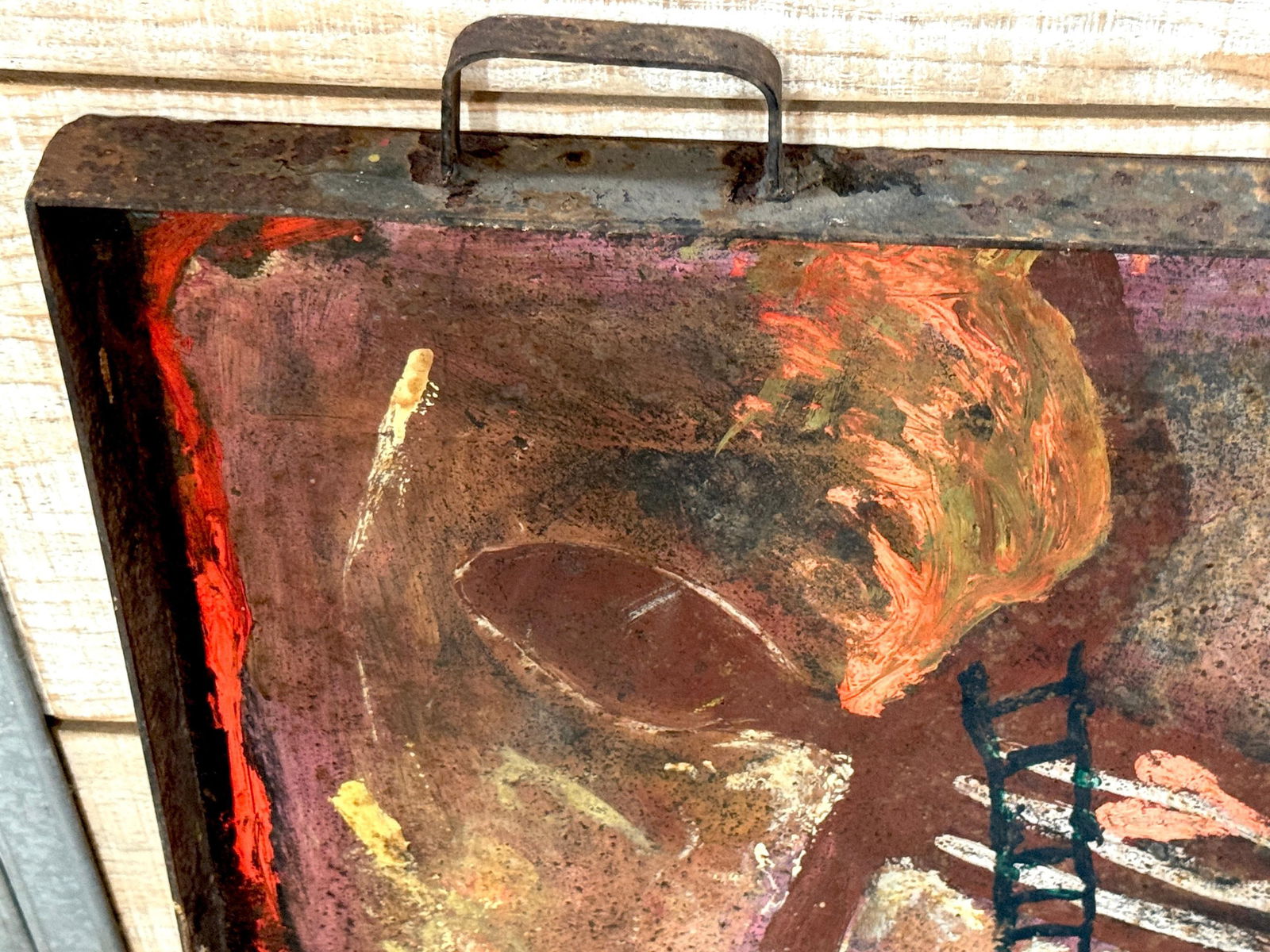 Purvis Young "Burning Man" Monumental Outsider Painting on Found Steel Tray - 17