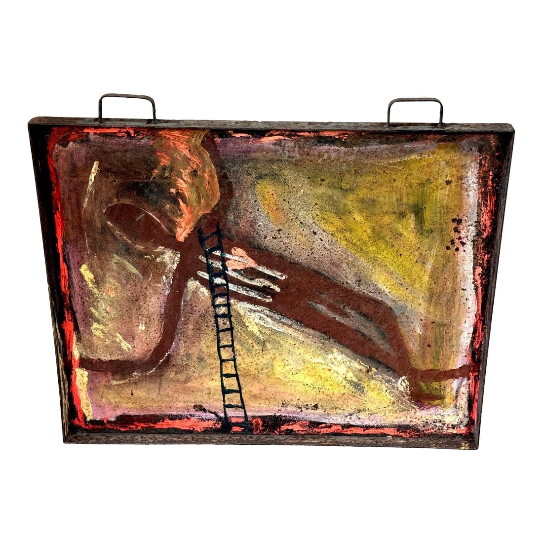 Purvis Young "Burning Man" Monumental Outsider Painting on Found Steel Tray: Purvis Young "Burning Man" Monumental Outsider Painting on Found Steel Tray, Signed A dramatic and spiritually resonant mixed media painting by influential African-American outsider artist Purvis Youn