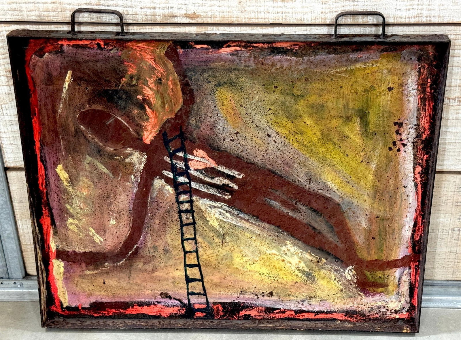 Purvis Young "Burning Man" Monumental Outsider Painting on Found Steel Tray - 4