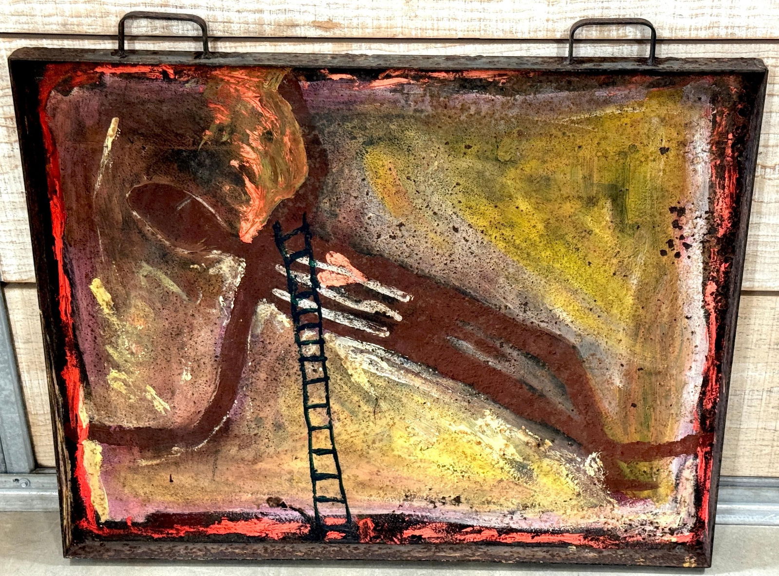 Purvis Young "Burning Man" Monumental Outsider Painting on Found Steel Tray - 9