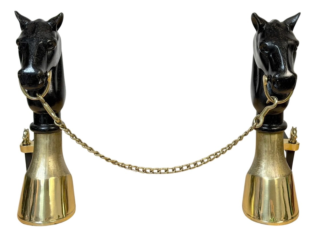 19th Century English Brass & Iron Horse Motif Andirons with Removable Chain (1 of 18)