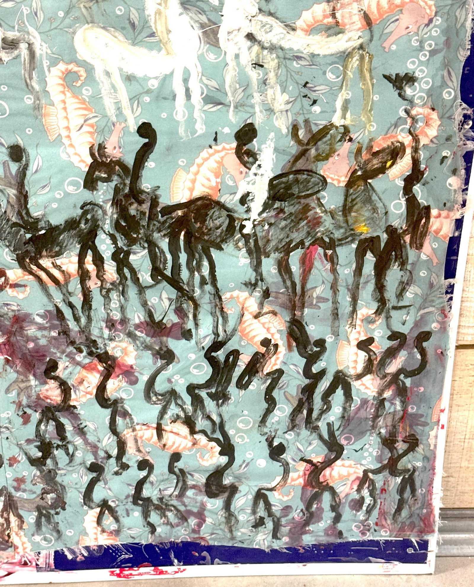 Purvis Young Mixed Media on Poster Board with Seahorse Fabric & Painted Warriors - 13