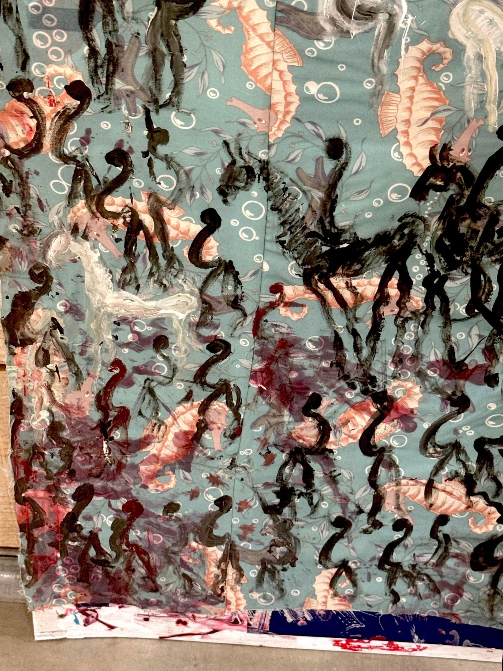 Purvis Young Mixed Media on Poster Board with Seahorse Fabric & Painted Warriors - 18