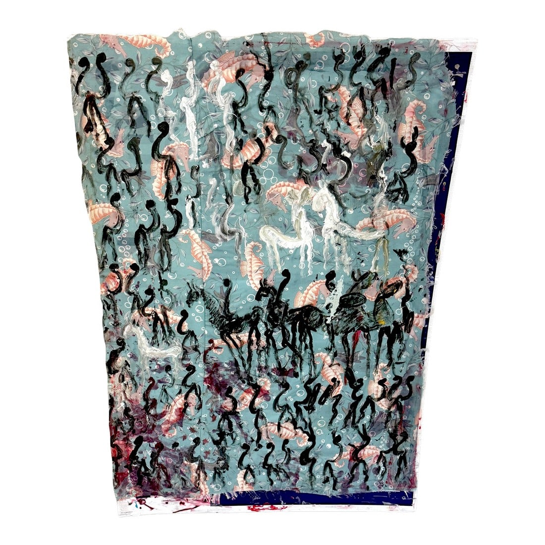 Purvis Young Mixed Media on Poster Board with Seahorse Fabric & Painted Warriors: Purvis Young Mixed Media on Poster Board with Seahorse Fabric and Painted Warriors, circa 1980s–1990s Dimensions: 48" H x 32" W Provenance: From a South Florida estate with direct ties to the ar