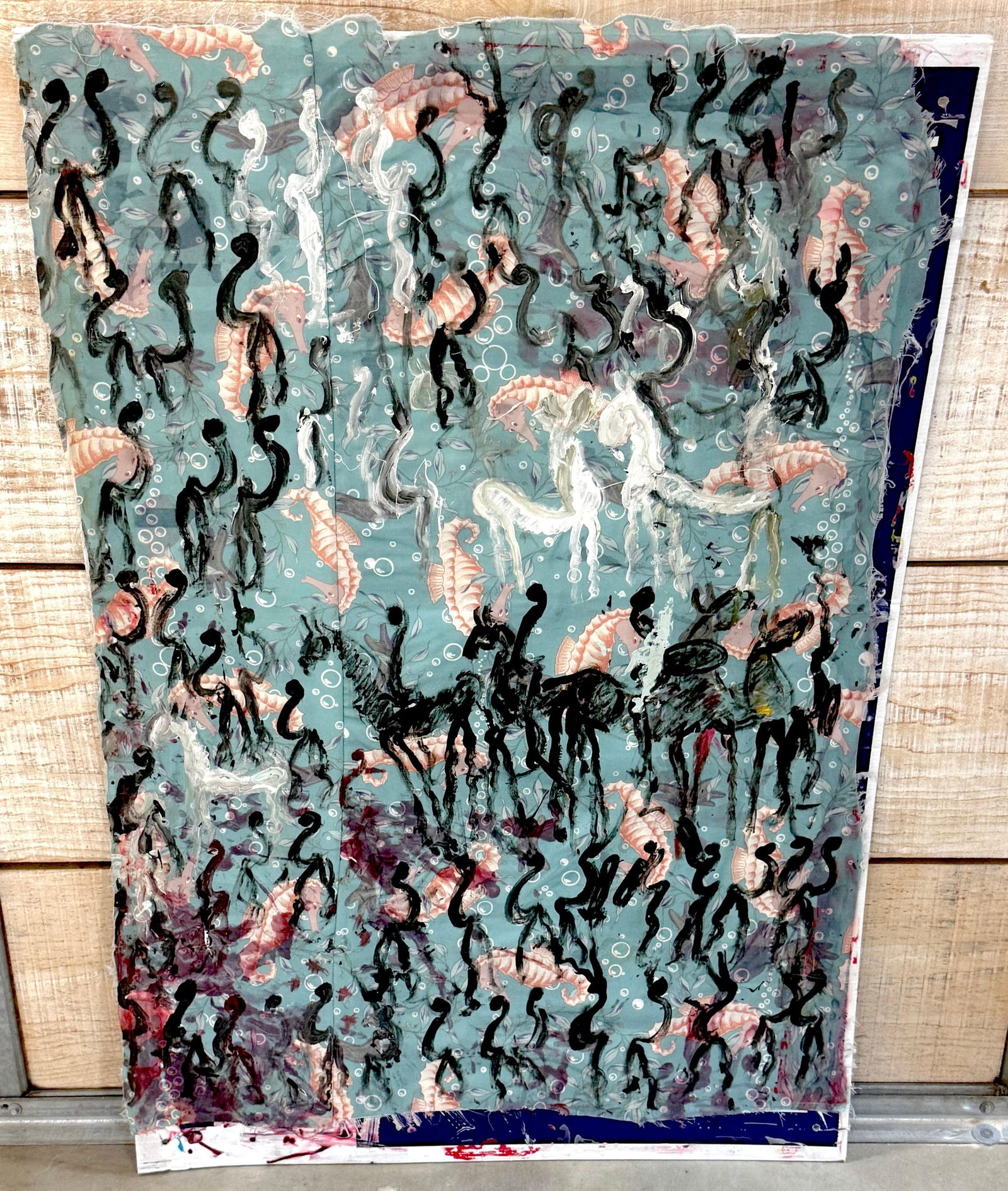 Purvis Young Mixed Media on Poster Board with Seahorse Fabric & Painted Warriors - 2