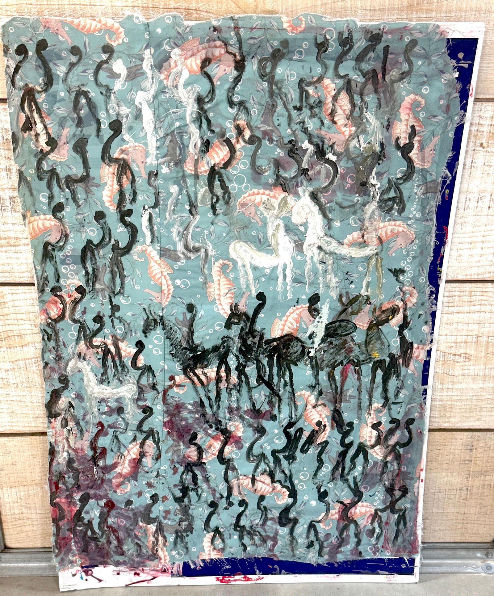 Purvis Young Mixed Media on Poster Board with Seahorse Fabric & Painted Warriors - 4