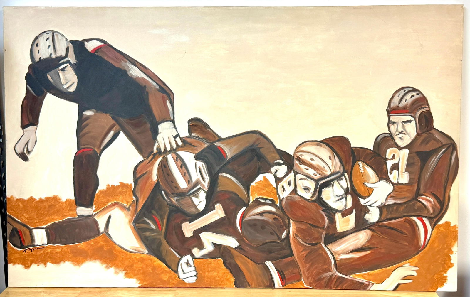 The Pile-Up: 1930s FootballMid-Century Oil on Canvas by T. Byrne, 30" x 48" - 11