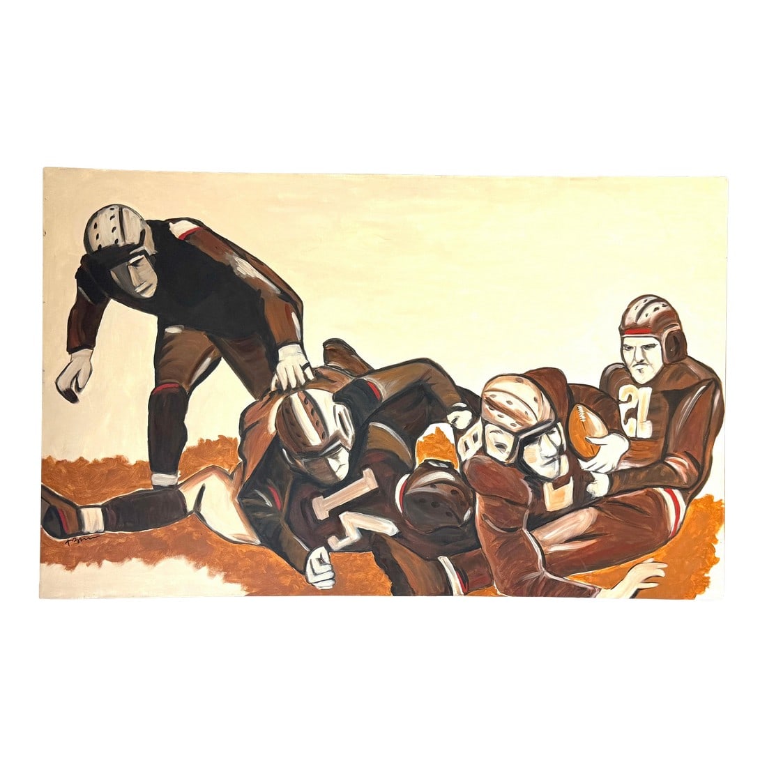 The Pile-Up: 1930s FootballMid-Century Oil on Canvas by T. Byrne, 30" x 48": The Pile-Up: 1930s Football, mid-century oil on canvas by T. Byrne, 30" x 48", unframed A bold and dynamic sports painting titled Leather Helmet Scrimmage, executed in oil on canvas and signed T. Byrn