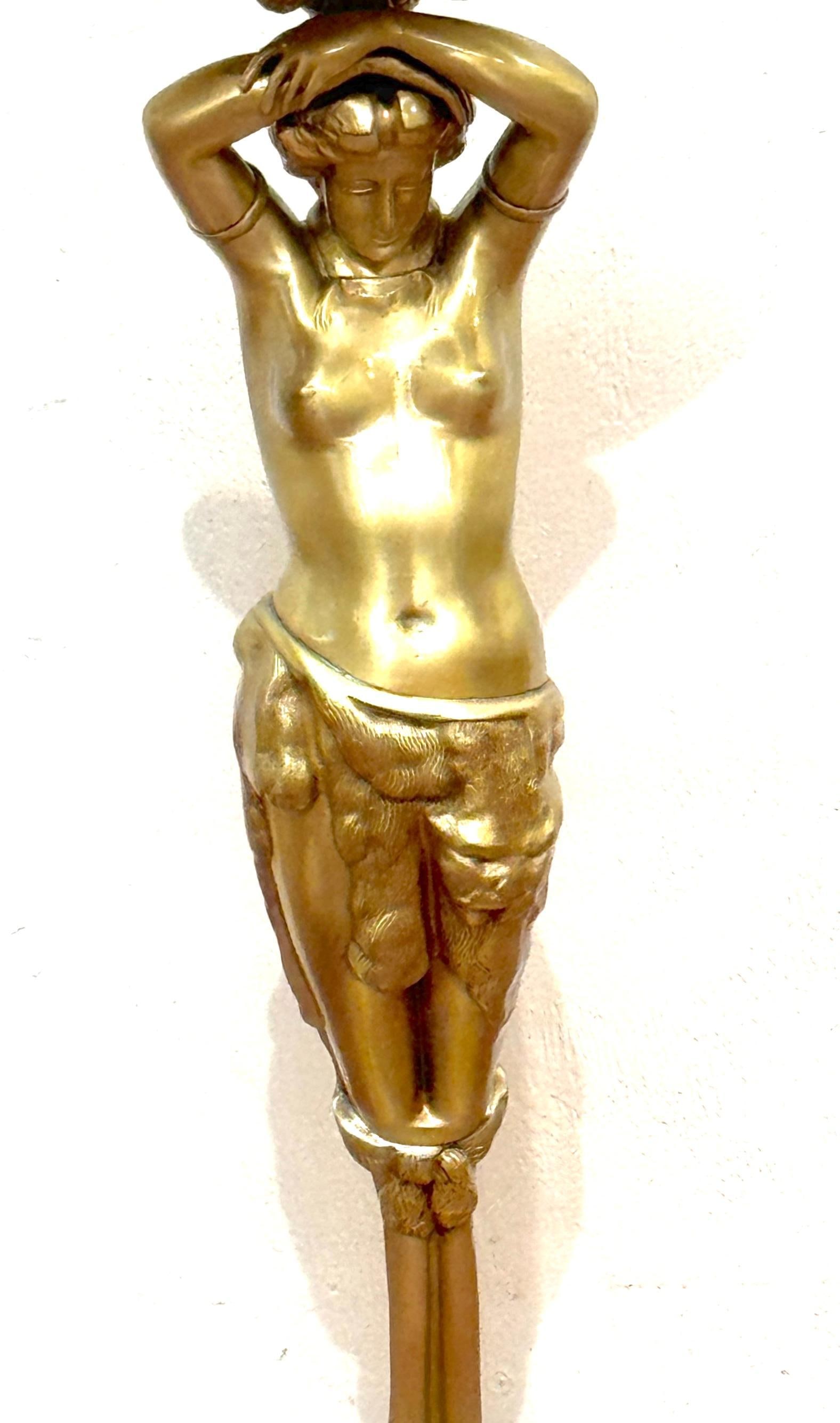 French Belle Époque Gilt Brass & Onyx Satyress Caryatid Pedestal, Circa 1900s - 11