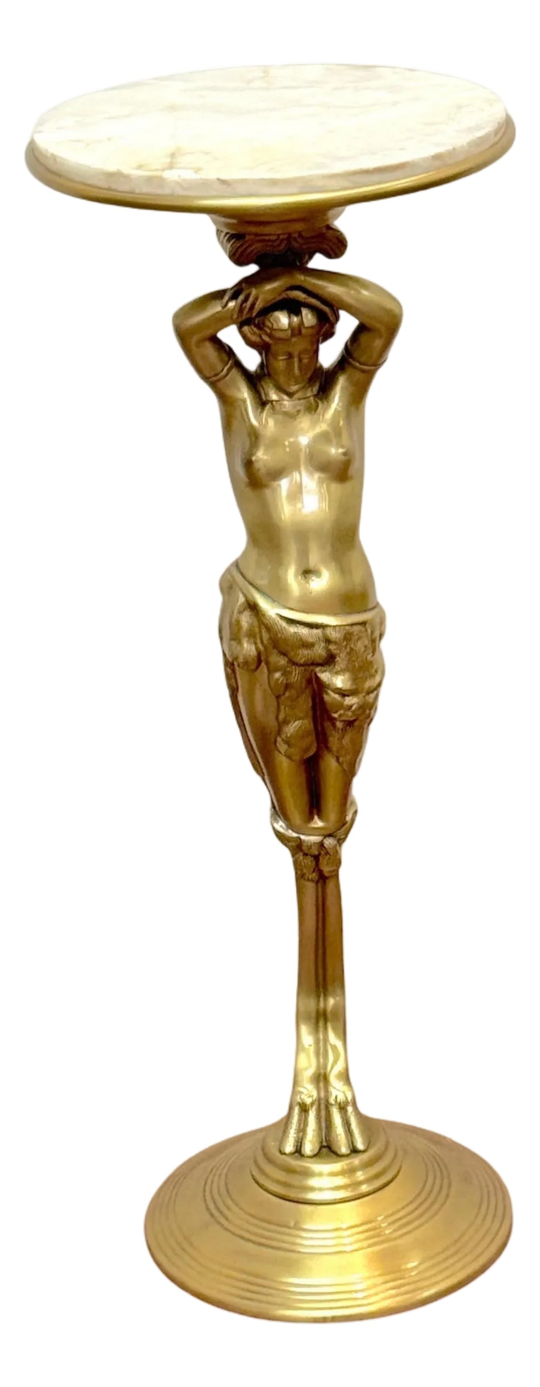 French Belle Époque Gilt Brass & Onyx Satyress Caryatid Pedestal, Circa 1900s: French Belle Époque Gilt Brass & Onyx Satyress Caryatid Pedestal, circa 1900 A striking Belle Époque pedestal, cast in gilt brass and mounted with a removable circular polished onyx top. Mea