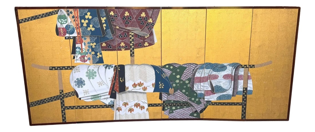 Japanese Six-Panel ByÅbu/ Screen Depicting Kimonos and Obi Draped on an IkÅ Rac: Mid-Century Japanese Six-Panel ByÅbu/Screen Depicting Kimonos and Obi Draped on an IkÅ Rack A beautifully composed Japanese six-panel byÅbu screen depicting an elegant assemblage of