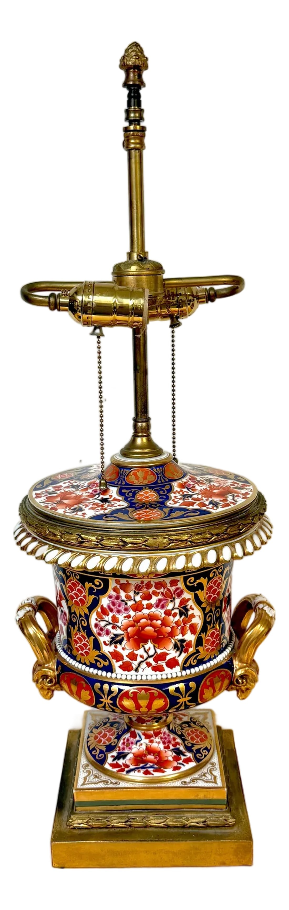 19th C Derby Porcelain, Regency Period, 'Old Imari' Vase now as a Lamp: Derby Porcelain (England), Regency period, decorated in the Old Imari or "Japan" manner, circa 1815–1835 This refined and substantial porcelain urn represents an accomplished example of Derby